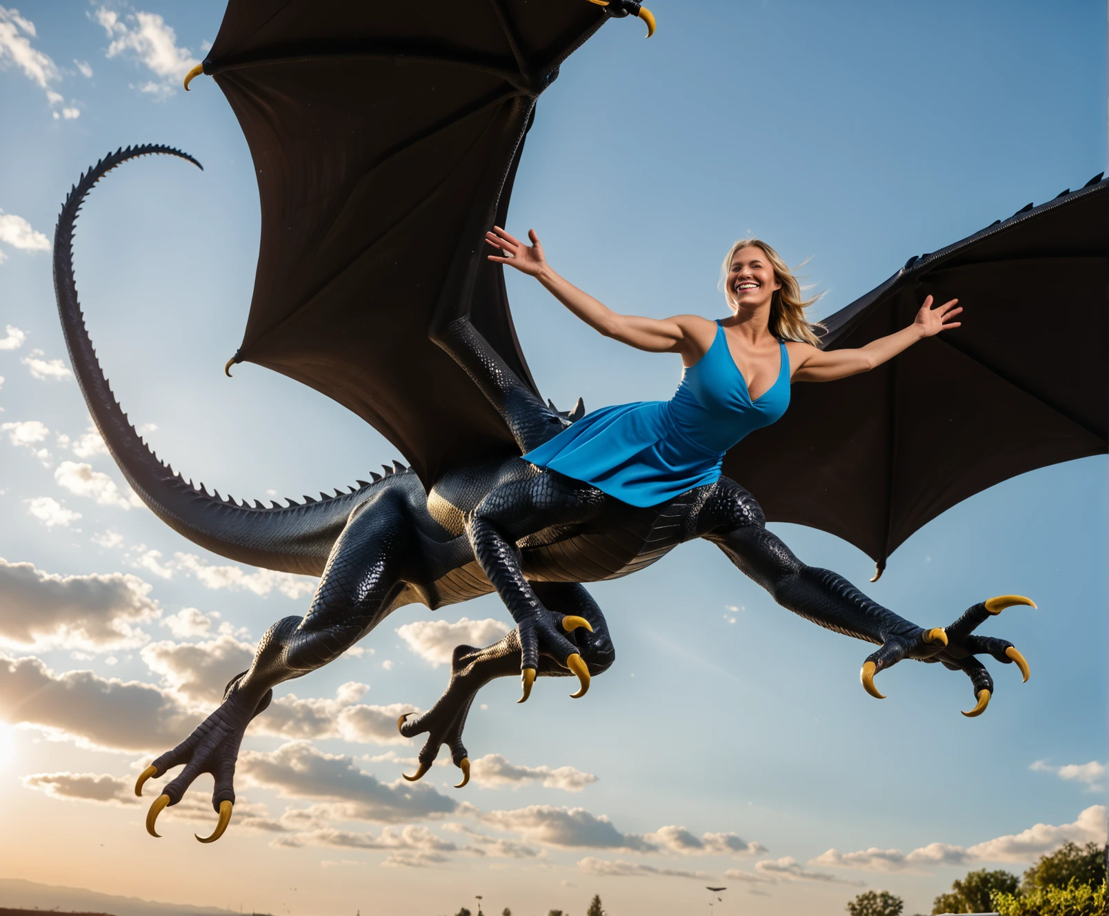 Stable_Yogis_PDXL_Positives,
(flying female dragon taur), from below, close-up, from side,
fit body, blonde hair, big breast,
(big dragon body, dragon legs, four legs, black scales, detailed scales, talons, huge wings),
(blue dress, strong wind),
flying, bent over, smile, stretched arms,
sky, clouds, skies, above the clouds,
masterpiece, best details, best effects, photoreaslistic,
<lora:centaurs_7_5e_pony_prodigy_1:0.75>