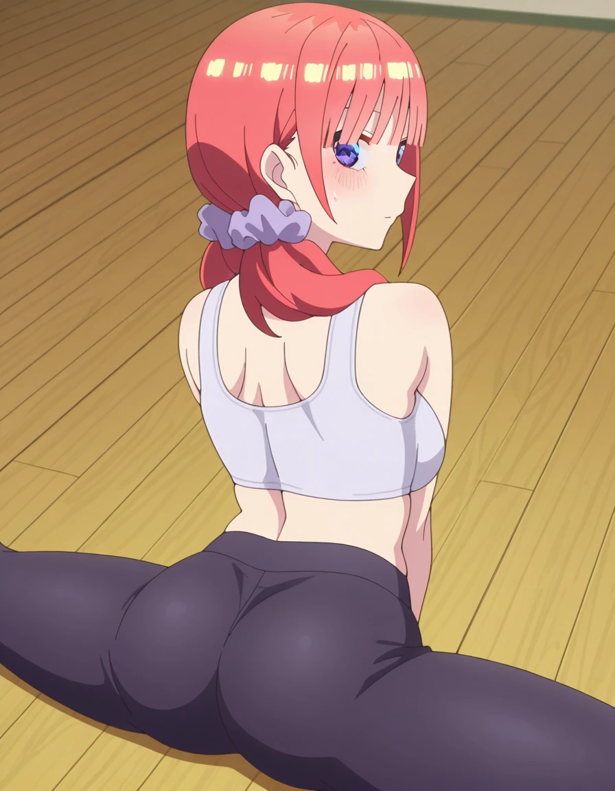 masterpiece, best quality, amazing quality,, <lora:nino-nakano-honeymoon-illustriousxl-lora-nochekaiser:1>, nino nakano, bangs, blue eyes, hair ornament, twintails, pink hair, blunt bangs, medium hair, scrunchie, eyebrows hidden by hair, purple scrunchie, mature female, breasts, anime screencap, <lora:side-sitting-split-illustriousxl-lora-nochekaiser:1>, side sitting split, sitting split, split, flexible, stretching, on floor, spread legs, yoga pants, sports bra, from behind, ass, looking back, looking at viewer,, , ,