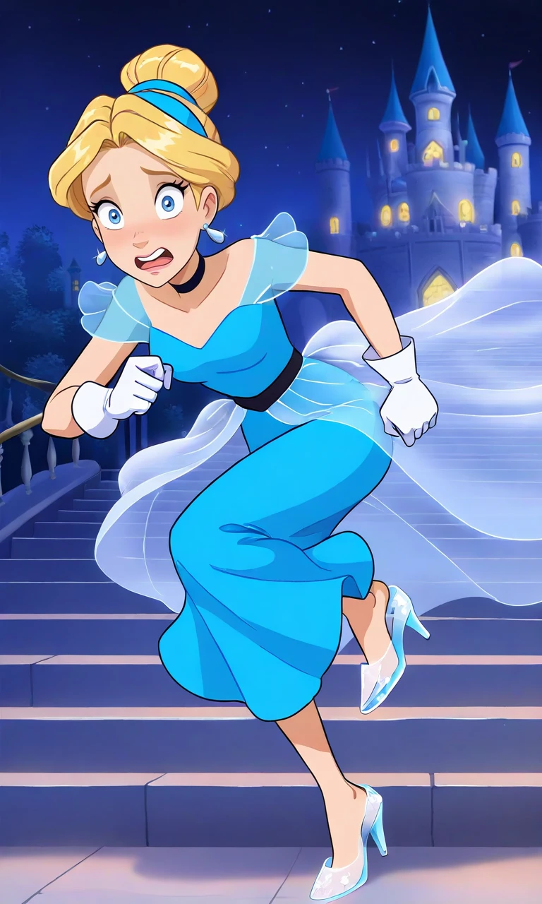 solo,W1tc4,artstyle,1girl, blonde hair, single hair bun, blue eyes,blue hairband, earrings, black choker, blue dress, gown, white gloves,castle, stairs, night,running, scared, see-through footwear,high heels, blue footwear, single shoe, cinderella (disney)
