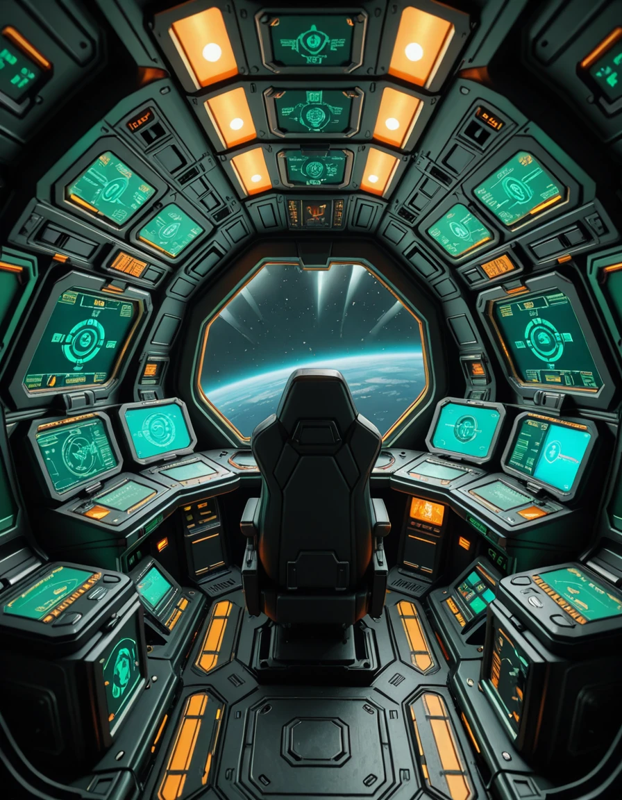 The interior of the cockpit of Samus Aranâs gunship, designed with sleek, futuristic curves and a functional, combat-ready aesthetic. Dim ambient lighting glows in shades of green and amber, illuminating the intricate array of holographic displays, navigation interfaces, and weapon control panels. The pilot seat is centered and reinforced, surrounded by layered control consoles, glowing alien script, and a panoramic view of deep space through a reinforced, angular viewport. Subtle mechanical hums and pulsing energy conduits run through the walls, creating an atmosphere of silent readiness and high-tech isolation within this iconic bounty hunterâs vessel.ship c0ckp1t, <lora:ship_c0ckp1t-i:1>, Masterpiece,best quality,hi res,8k,hi res,8k,award winning,(sharp focus, intricate, highly detailed),
