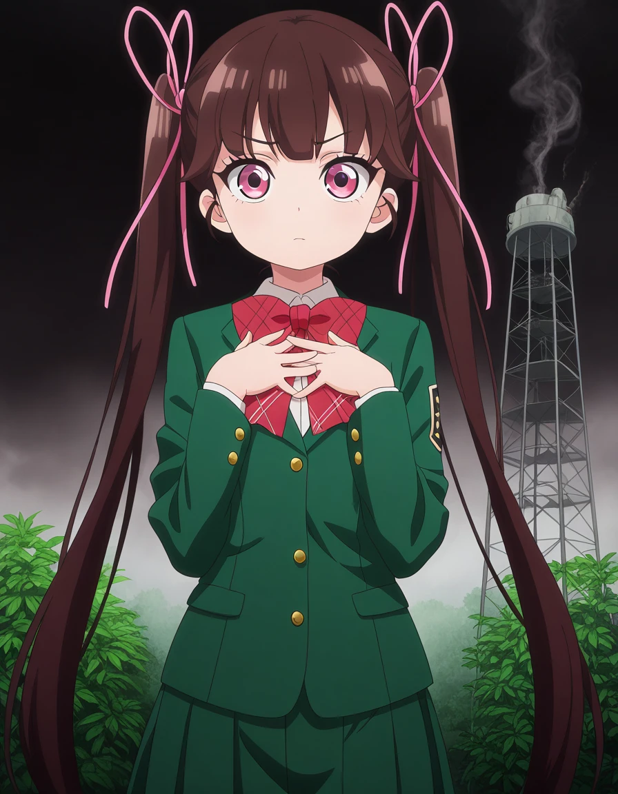 masterpiece, best quality, amazing quality,, <lora:haru-arisugawa-s1-illustriousxl-lora-nochekaiser:1>, haru arisugawa, arisugawa haru, long hair, brown hair, ribbon, twintails, hair ribbon, pink eyes, anime screencap, bow, school uniform, jacket, green jacket,, hands on own chest,, cooling tower, smoke, power, plant, height, cowboy shot, solo, looking at viewer