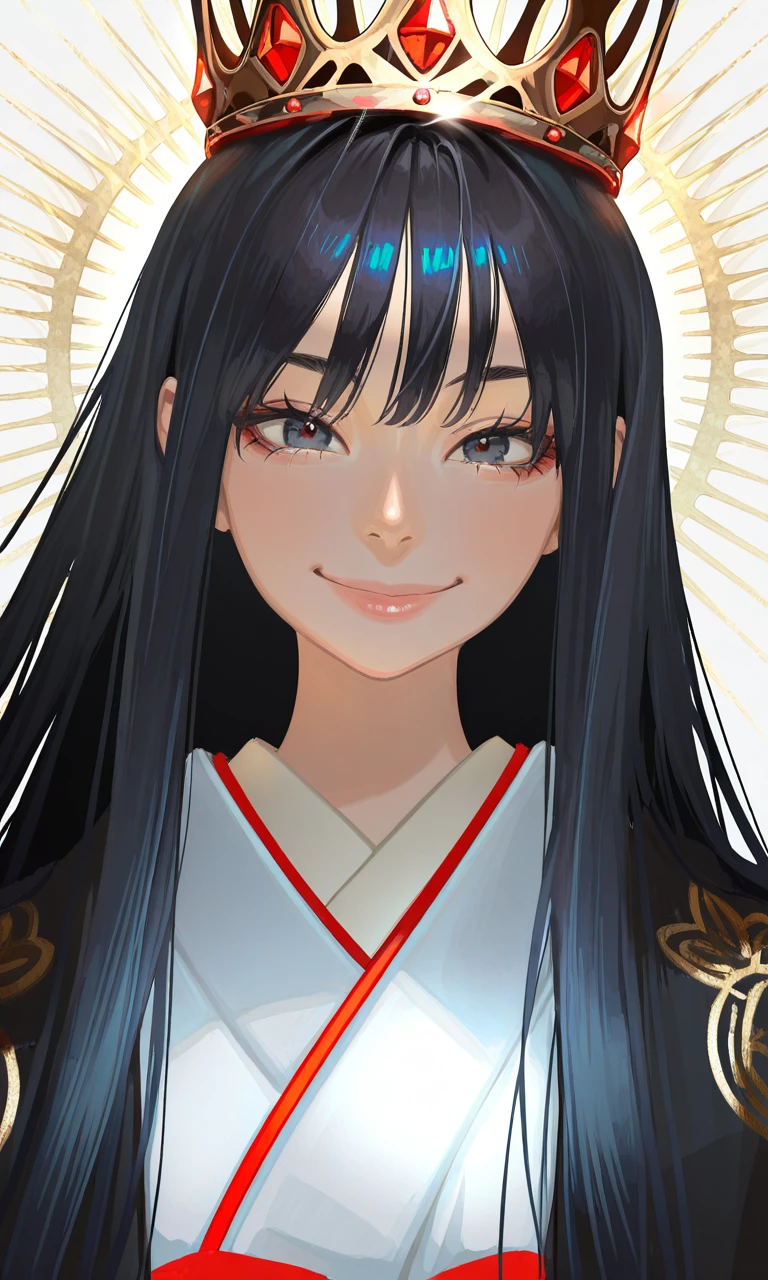 masterpiece, best quality, very aesthetic, high resolution, ultra-detailed, absurdres, newest, extremely detailed eyes, PUMPUM_ST, realistic, masterpiece, best quality, very aesthetic, high resolution, ultra-detailed, absurdres, newest, extremely detailed eyes, beautiful, perfect lighting, hi res, amazing quality, very awa, Brightly Lit, Highly Visible, 8k, sharp focus, beautiful, perfect lighting, volumetric lighting, scenery, painting_(artwork), 1girl, black hair, white background, smile, looking at viewer, simple background, japanese clothes, glint, bangs, long hair, upper body, kimono, sidelocks, crown