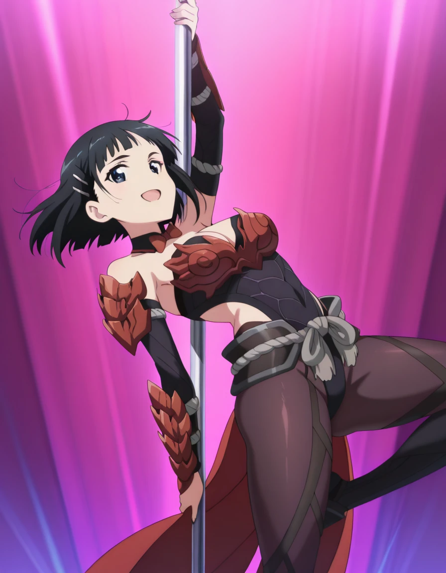 masterpiece, best quality, amazing quality,, <lora:suguha-kirigaya-s1-illustriousxl-lora-nochekaiser:1>, suguha kirigaya, short hair, black hair, hair ornament, hairclip, mature female, breasts, anime screencap, <lora:odogaron-armor-illustriousxl-lora-nochekaiser:1>, odogaron armor, armor, mask, mouth mask, odogaron (armor), pauldrons, shoulder armor, side slit, vambraces, waist cape,, <lora:pole-dancing-upside-down-illustriousxl-lora-nochekaiser:1>, pole dancing, dancing, pole, stripper pole, floating hair, holding, leaning back, leg up, legs, looking at viewer, smile, solo, spread legs, upside-down, bare shoulders, detached collar, bowtie, leotard, pantyhose, highleg leotard, strapless, frown, open mouth, ,