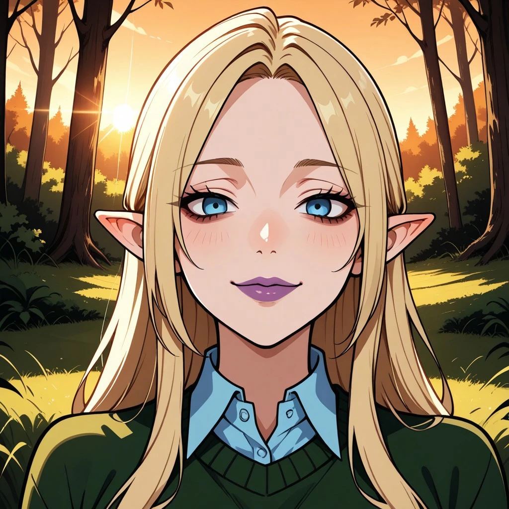score_9, score_8, BREAK, solo, 1girl, light blonde hair, long hair, blue eyes, bags under eyes, slightly pointy ears, purple lips, lipstick, dark green sweater, cyan collared shirt underneath, dark grey skirt, indigo tights, black loafers, DawnTD, cute, sexy pose, self portrait, smile, looking at viewer, outdoors, sunlight, shadows, evening lighting, natural lighting, forest, trees, grass, orange sky, sunset