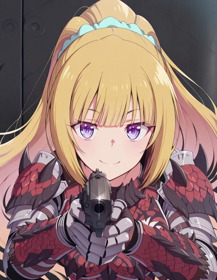 masterpiece, best quality, amazing quality,, <lora:kei-karuizawa-s2-v2-illustriousxl-lora-nochekaiser:1>, kei karuizawa, long hair, bangs, blunt bangs, purple eyes, blonde hair, hair ornament, ponytail, scrunchie, breasts, blue scrunchie, anime screencap, <lora:rathalos-armor-illustriousxl-lora-nochekaiser:1>, rathalos armor, rathalos (armor), gauntlets, red armor, scale armor, shoulder spikes, spiked armor, spikes, helmet, headgear, visor, hairband, headband,, <lora:center-axis-relock-stance-illustriousxl-lora-nochekaiser:1>, center axis relock stance, looking at viewer, holding, closed mouth, weapon, holding weapon, gun, holding gun, handgun, aiming, finger on trigger, aiming at viewer, m1911,, smile, open mouth, ,