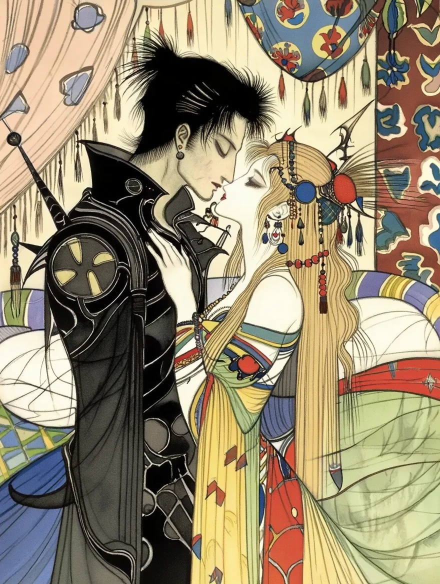 Style of Yoshitaka Amano. A couple kissing. The background is a bedroom covered in fabrics. Soft watercolors.