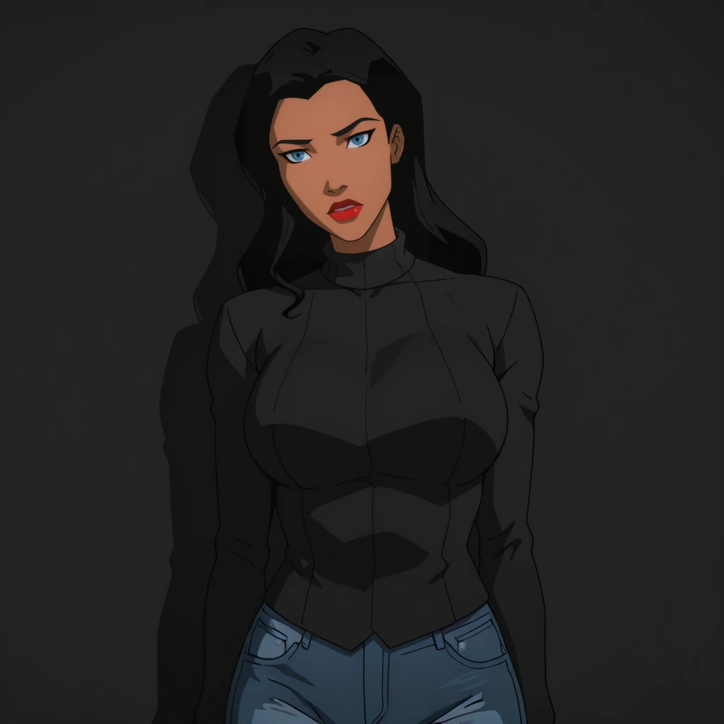 <lora:ZatannaYoungJustice_illustrious_v1:1> zatannaYoungJustice, 1girl,solo, black hair, lipstick, blue eyes, makeup, large breasts, dark skin, red lips, long hair, cowboy shot, sweater, jeans