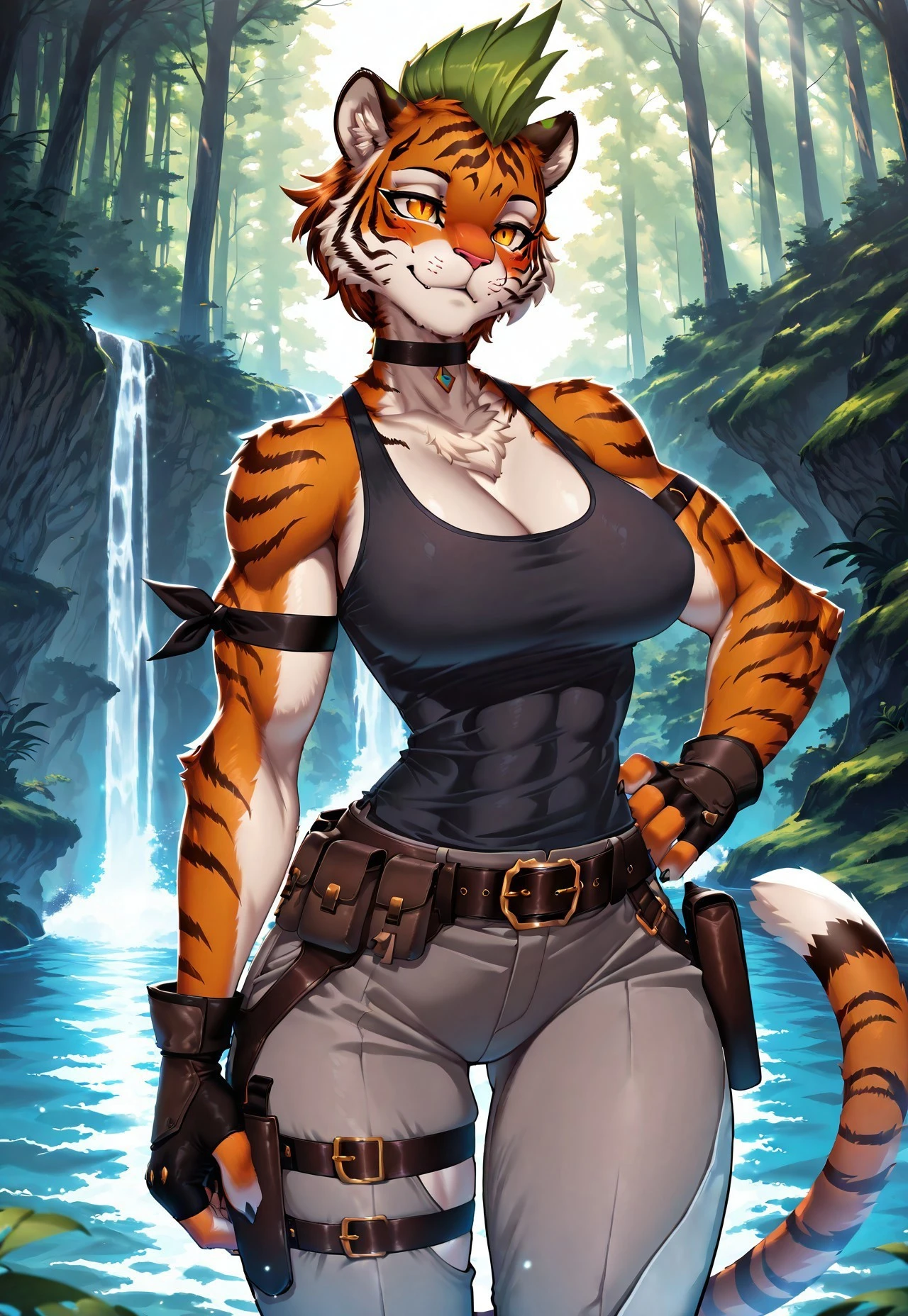 masterpiece, best quality, absurdres, sololvl_style, H1dd3nB00ty, (anthropomorphic:1.5), (tiger stripes:1.6), (feline face:1.4), furry, orange fur, muscular, (sharp feline eyes), golden eyes, detailed fur, large breasts, (green mohawk:1.3), choker, cleavage, gloves, belt, fingerless gloves, armlet, holster, armband, pants, tank top, thigh holster, bare shoulders, pouch, sleeveless, thigh strap, belt buckle, arm strap, repelling off a cliffside, woods, water, detailed background, detailed hair, depth of field, beautiful detailed eyes, detailed skin, detailed hair, volumetric lighting, masterpiece, best quality, amazing quality, very aesthetic, high resolution, ultra-detailed, absurdres, newest, scenery, volumetric lighting cinematic lighting, depth of field,