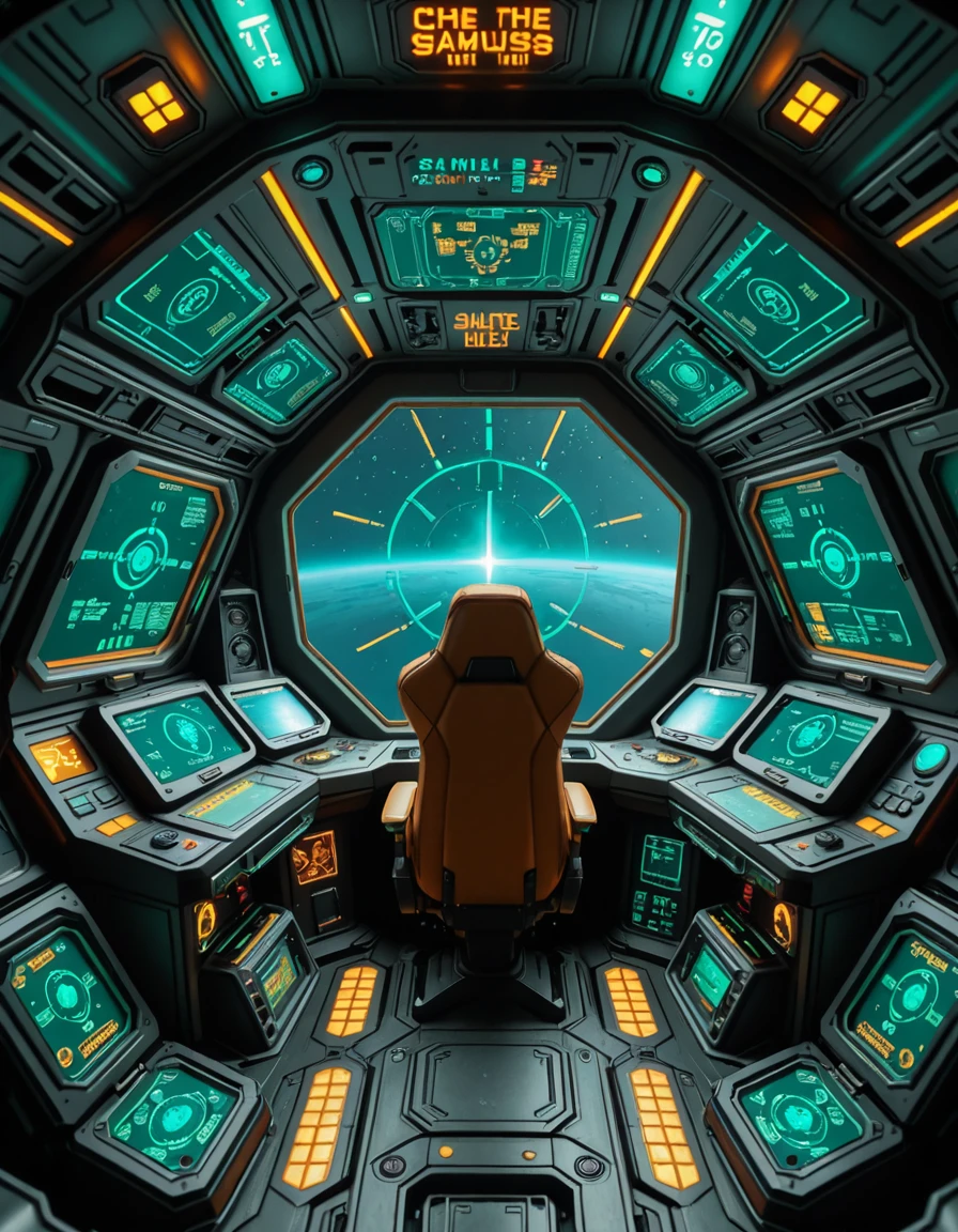 The interior of the cockpit of Samus Aranâs gunship, designed with sleek, futuristic curves and a functional, combat-ready aesthetic. Dim ambient lighting glows in shades of green and amber, illuminating the intricate array of holographic displays, navigation interfaces, and weapon control panels. The pilot seat is centered and reinforced, surrounded by layered control consoles, glowing alien script, and a panoramic view of deep space through a reinforced, angular viewport. Subtle mechanical hums and pulsing energy conduits run through the walls, creating an atmosphere of silent readiness and high-tech isolation within this iconic bounty hunterâs vessel.ship c0ckp1t, <lora:ship_c0ckp1t-i:1>, Masterpiece,best quality,hi res,8k,hi res,8k,award winning,(sharp focus, intricate, highly detailed),