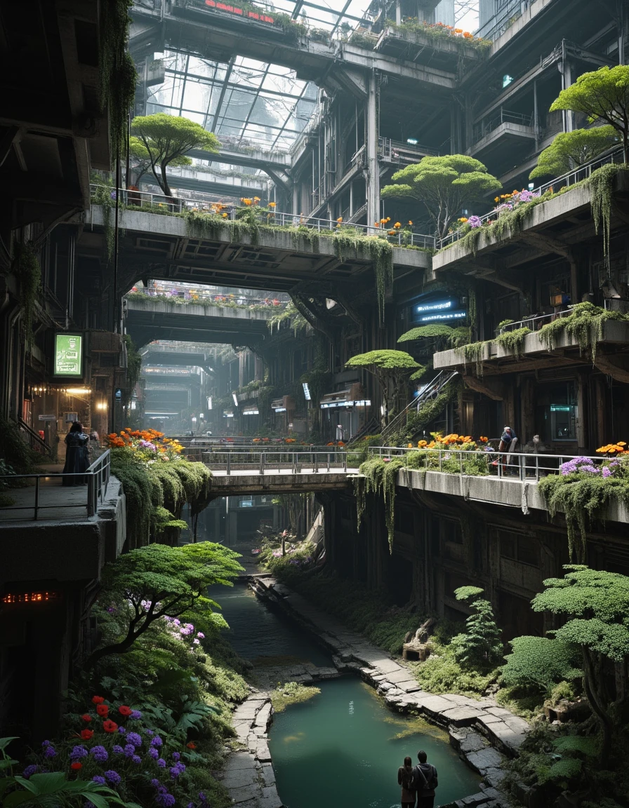 <lora:SWL_Underground1flux:1> swlu1, cyberpunk, underground, futuristic, image14, photo of a cinematic overgrown multilevel industrial arcology, viewed from a slightly elevated side angle to reveal the layered urban structure and its reclaimed beauty. The colossal metal infrastructure stretches upward and outward in a network of platforms and corridors, all softened by lush moss, vines, and flowering vegetation. The upper walkways are carpeted with bright green moss and vibrant patches of orange poppies, violet blossoms, and pink wildflowers. Sculpted bonsai-like trees grow in organic clusters across the upper terraces, their roots winding through broken railings and decaying walkways. Below, a dark aqua canal runs through the lower levels, reflecting the ambient neon signage and diffused skylight streaming from cracked ceiling panels high above. Soft rays of natural light mix with flickering artificial lights, casting long cinematic shadows and ethereal glows across the damp surfaces. Two figures stand together on a narrow bridge, surrounded by the haunting majesty of a world transformedâneither fully nature nor fully machine. The structure breathes with silence, echoing the memory of civilization, now draped in thriving, serene wilderness. Every detail, from weathered metal textures to glistening leaves in the moisture-rich air, feels alive with quiet intensity.