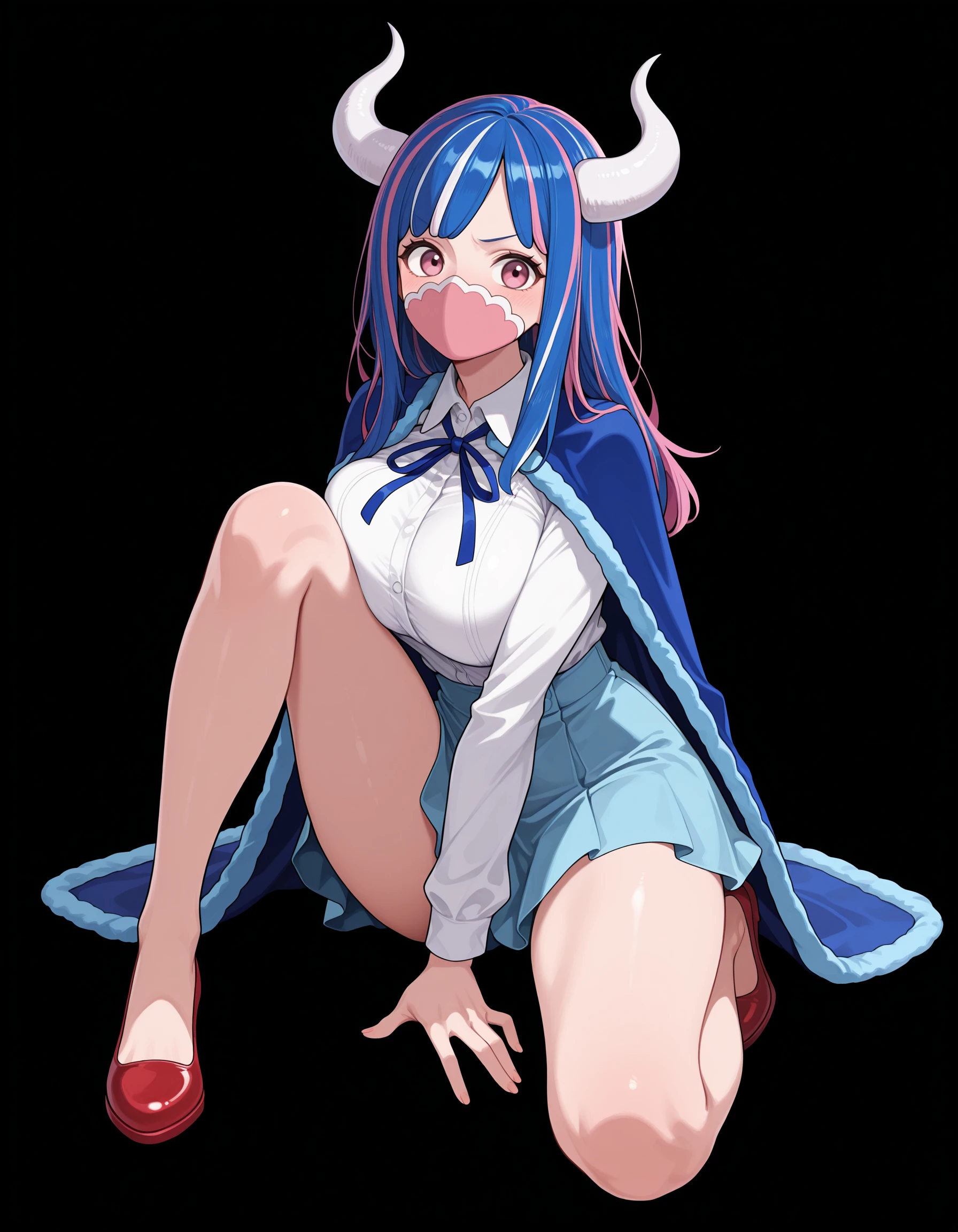 Ulti from the anime One Piece, Angled, Long Hair, Light blue hair, Pink Eyes, ponytail, beautiful, beautiful woman, Perfect body, Perfect breasts, Wearing a big white t-shirt, Black panties, in bed, Room sleep, bed, sitting on the bed sleeping, Looking at the audience, Smiling a little, realism, masterpiece, Textured Leather, Super detailed, High detail, high quality, 最high quality, 1080P, 16K