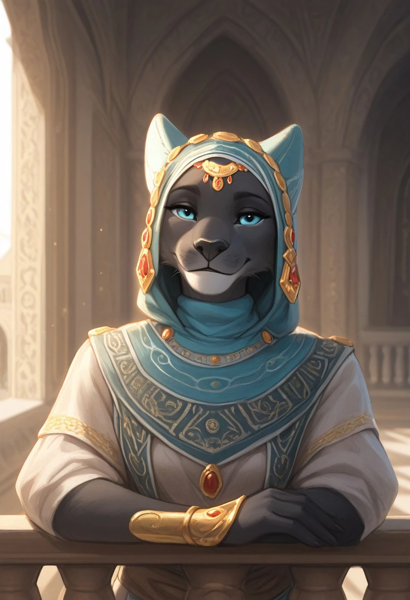 solo, amazing quality, best quality, high quality, very aesthetic, bokeh, portrait, score_9, score_8_up, score_7 _up, score_6_up, queenKhamira, black fur, blue eyes, grey fur, two-tone fur, headdress, dress, jewelry, regal, smile, looking at viewer, 1girl, furry, solo, middle eastern architecture, palace, balcony, sunlight
