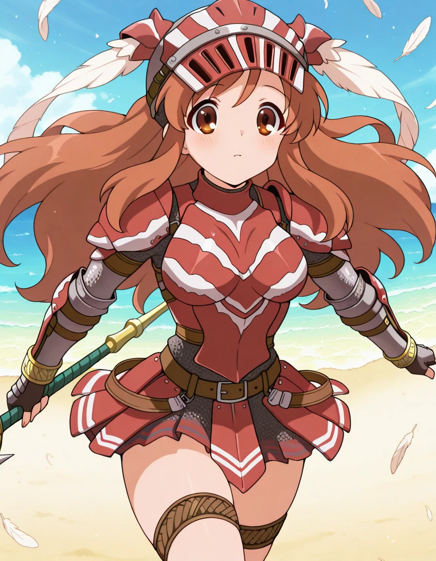 masterpiece, best quality, amazing quality,, <lora:mikuru-asahina-s1-illustriousxl-lora-nochekaiser:1>, mikuru asahina, asahina mikuru, long hair, brown hair, brown eyes, mature female, breasts, anime screencap, <lora:hermitaur-armor-illustriousxl-lora-nochekaiser:1>, hermitaur armor, armor, red armor, asymmetrical clothes, belt, blush, bracelet, fingerless gloves, gloves, feathers, hair ornament, hat, helmet, hermitaur (armor), jewelry, skirt, striped, thigh strap, thighs, turtleneck, beach, sitting, headgear,, <lora:dynamic-pose-illustriousxl-lora-nochekaiser:1>, dynamic pose, holding weapon, weapon, holding, cowboy shot, expressionless, , ,