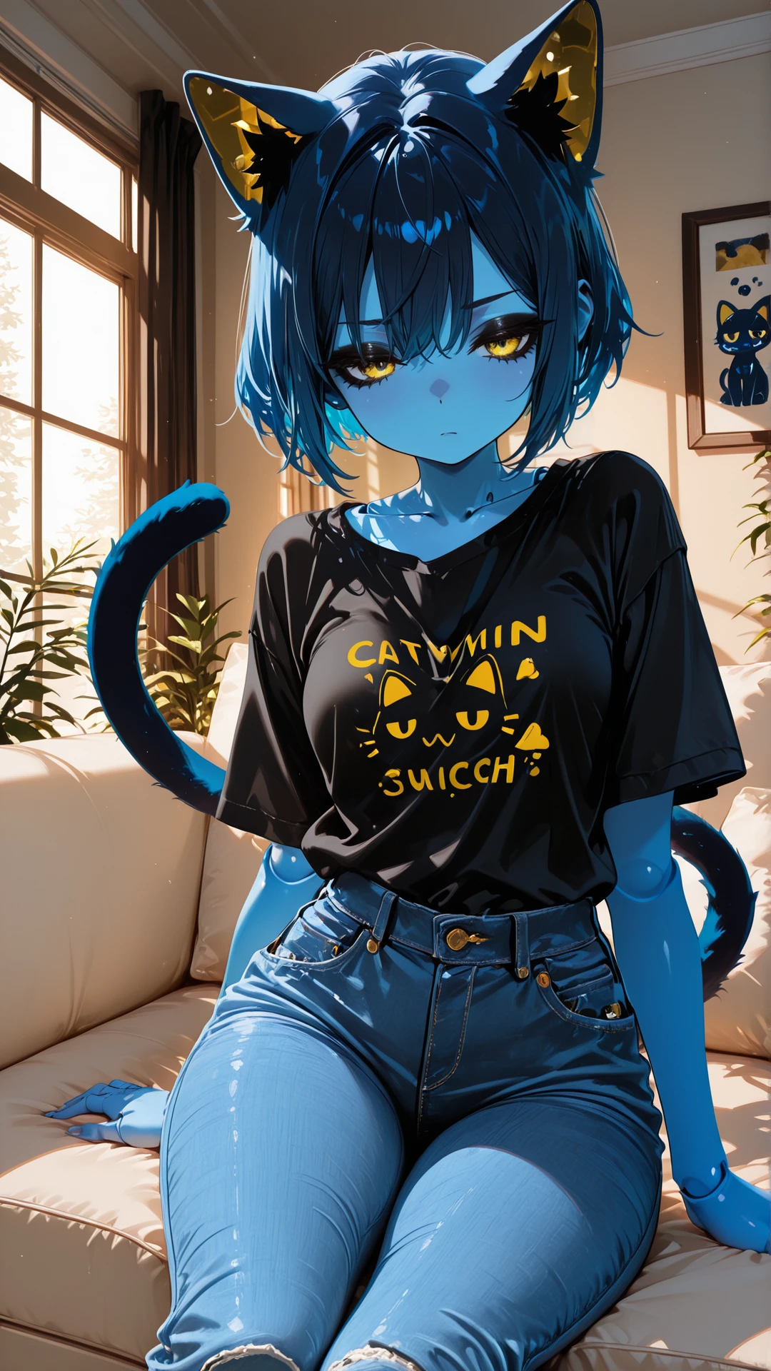 masterpiece, best quality, amazing quality, absurd res,
Flatline, Flat vector illustration, masterpiece, best quality, good quality, very aesthetic, absurdres, newest, 8K, depth of field, focused subject, dynamic closeup angle,
<lora:Capek_mrbalderus_for_Illustrious:1> 1girl, c4pek, cat ears, cat tail, short hair, colored skin, blue skin, yellow eyes, joints, blue hair, black eyeshadow, medium hips, short, dark blue ears, dark blue tail, gold inner ear,
shirt, jeans, indoors, living room, window, sitting on couch,