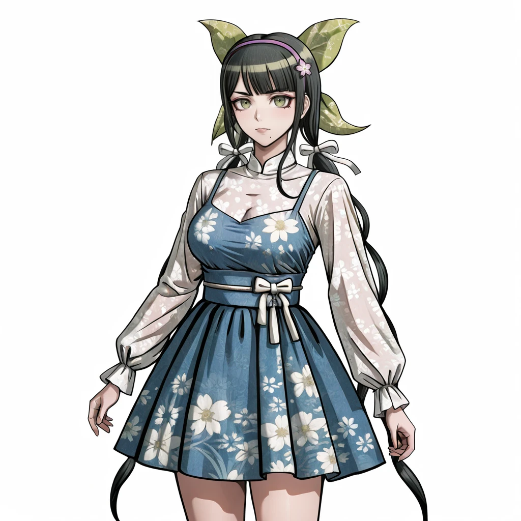 <lora:Tenko_illustrious_v1:.9> Tenko, 1girl, hair ornament, mole under mouth, twintails, hair ribbon, hairband, black hair, green eyes, breasts, bangs, cowboy shot, <lora:FloralJskDressILL:0.7> dress,floral print,long sleeves