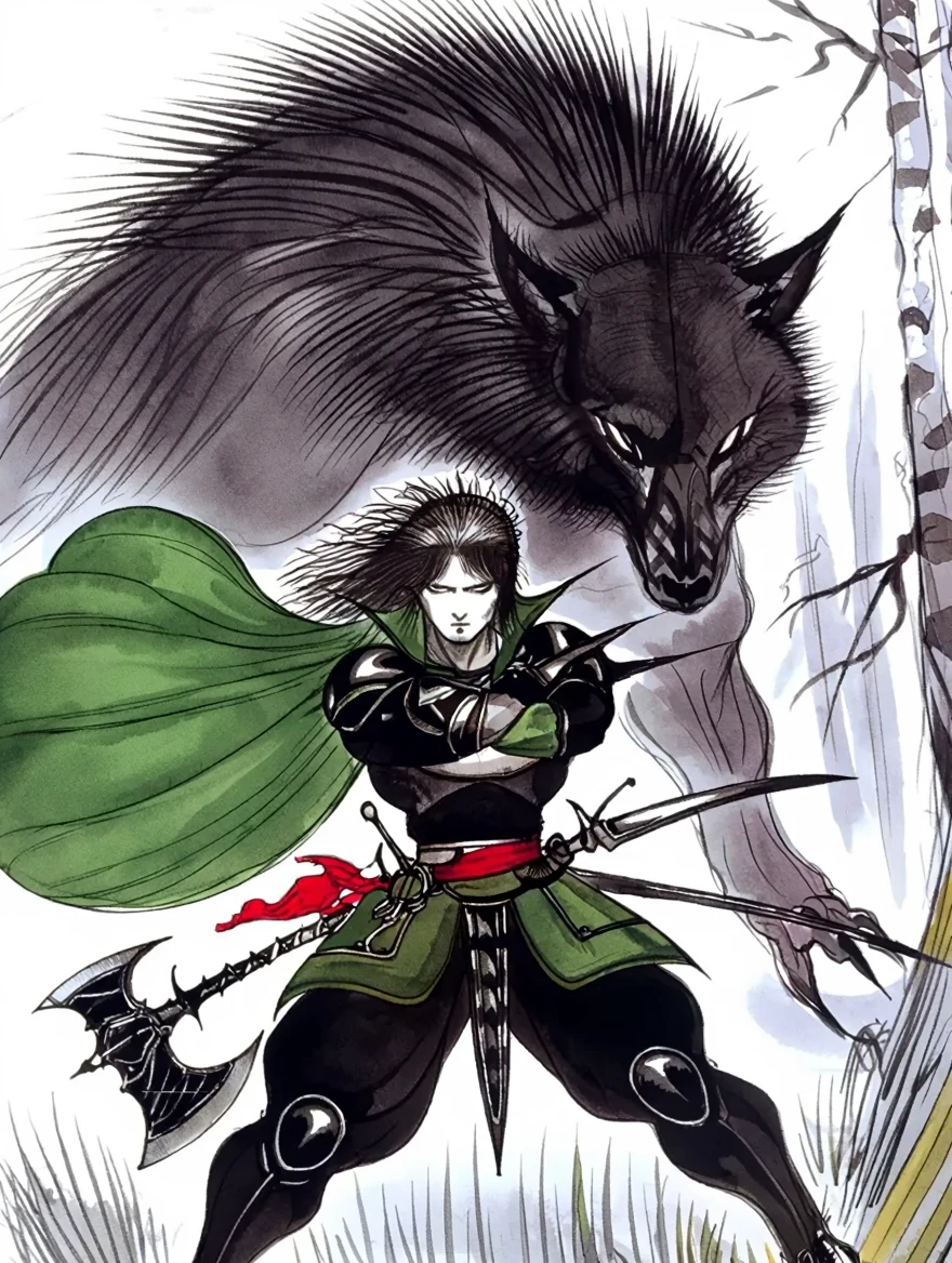 Style of Yoshitaka Amano. Warrior fighting a wolf. Sky is white and grey toned. The wolf is fierce and ready to strike. The warrior is wielding an axe and has a green cape with red sash. Battle takes place in a forest. The atmosphere is mysterious and flowing, perhaps a little mystical. Soft watercolors.