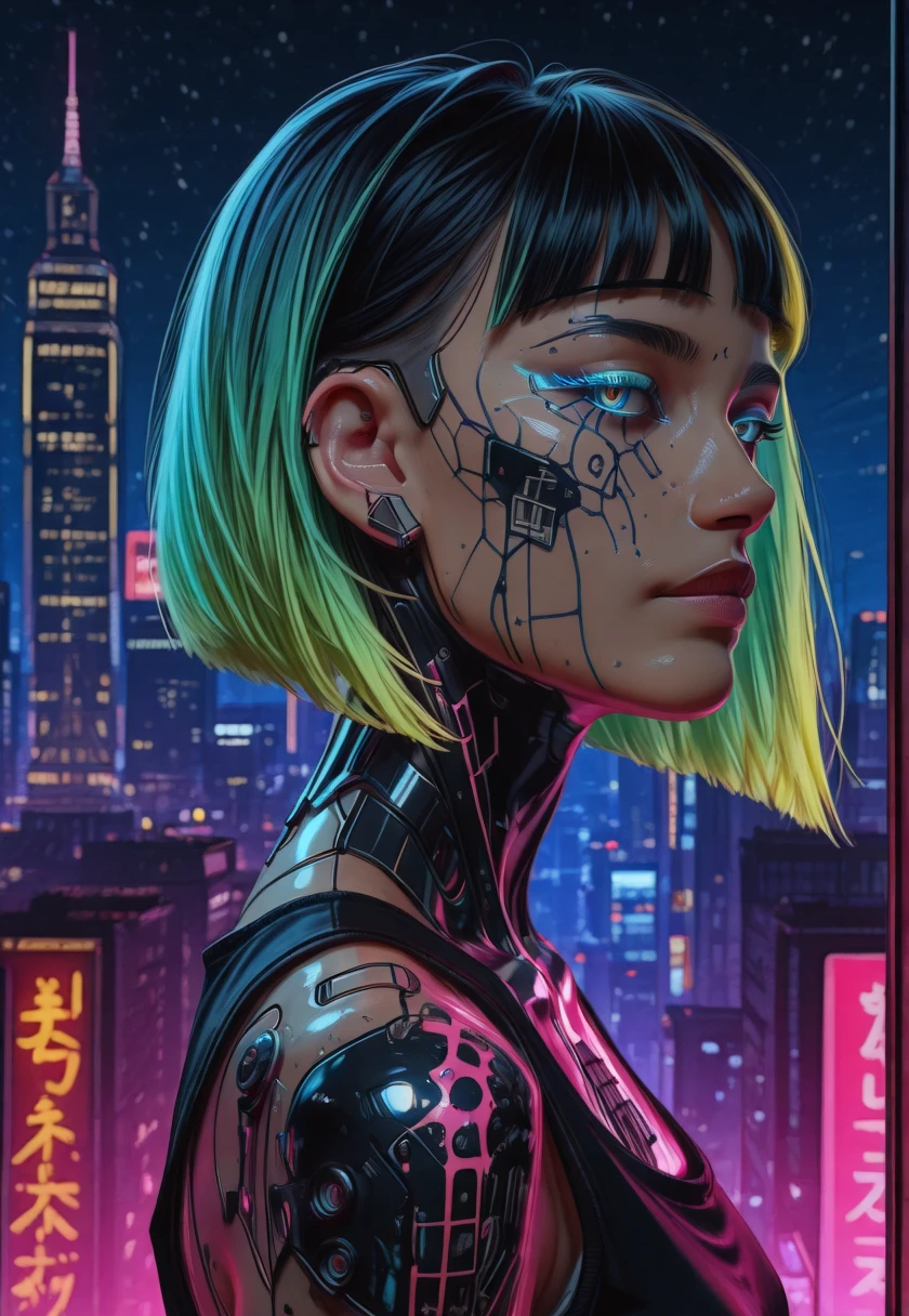 (masterpiece, best quality, highly detailed, realistic),cinematic lighting, cyan and pink lighting, source_western, illustration 2.5d, cyberpunk illustration, profile portrait of n3f3rt1t1 as a cyberpunk girl, side view, multicolored neon hair, short bob hair, looking at the viewer, neon makeup, cyberware on skin, short tank top shirt, close up, (((night city background))),
<lora:N3f3rt1t1:1> , dark skin, <lora:cyberpunk_illustriousXL:1> cyberpunk