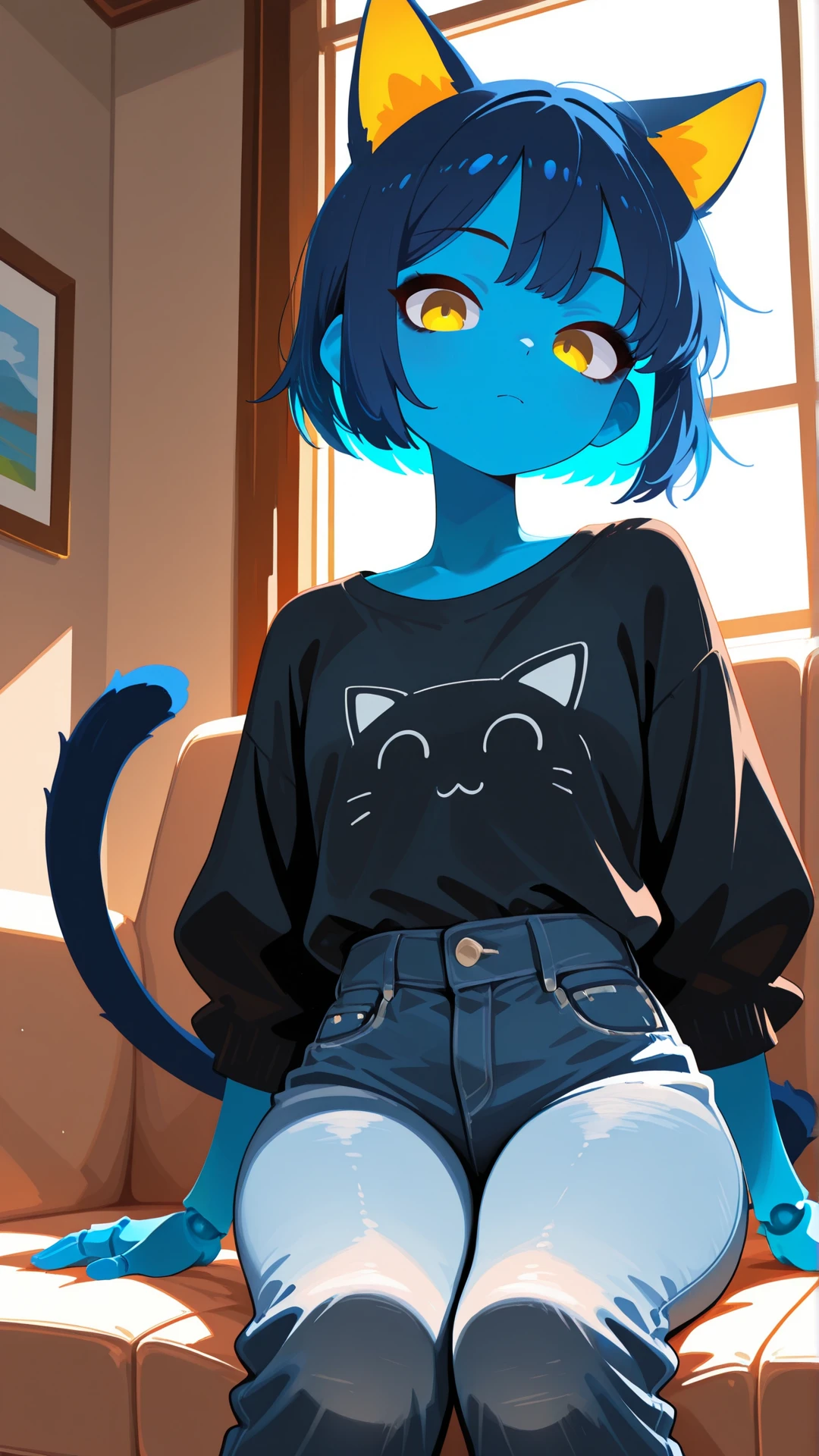 masterpiece, best quality, amazing quality, absurd res,
Flatline, Flat vector illustration, masterpiece, best quality, good quality, very aesthetic, absurdres, newest, 8K, depth of field, focused subject, dynamic closeup angle,
<lora:Capek_mrbalderus_for_Illustrious:0.7> 1girl, c4pek, cat ears, cat tail, short hair, colored skin, blue skin, yellow eyes, joints, blue hair, black eyeshadow, medium hips, short, dark blue ears, dark blue tail, gold inner ear,
shirt, jeans, indoors, living room, window, sitting on couch,
<lora:dGFrYXJhaV9zaHVuc3VrZQ==-illustriousXL_v01_V1-CAME:1> dGFr