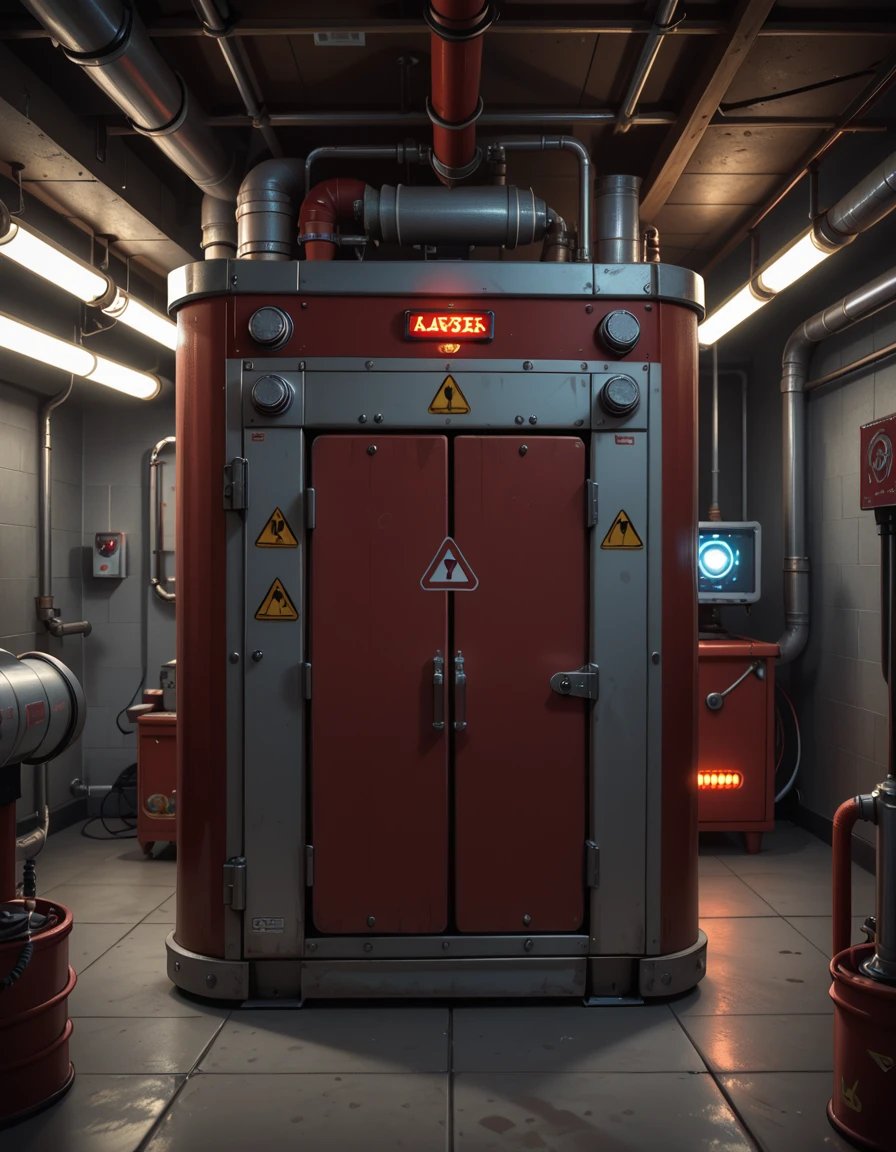 A detailed photo of the exterior of the Ecto-Containment Unit, located in a dimly lit basement facility. The unit is a large, reinforced metallic structure with red and silver panels, thick wiring, and glowing warning lights. Industrial hazard symbols are painted across its surface, and a secure access hatch is bolted shut on the front. Pipes and power conduits run along the walls and ceiling, feeding into the containment system. The room is concrete and shadowy, lit by flickering fluorescent lights and the pulsing red glow of the unitâs power core. No characters present. Cinematic, high-tech paranormal lab atmosphere, detailed and ominous.
,Ecto-Containment Un1t, <lora:Ecto-Containment_Un1t-p:1>,score_9, score_8_up, score_7_up,amazing quality, ultra realistic, 3D, HD, best quality, amazing quality, very aesthetic, absurdres