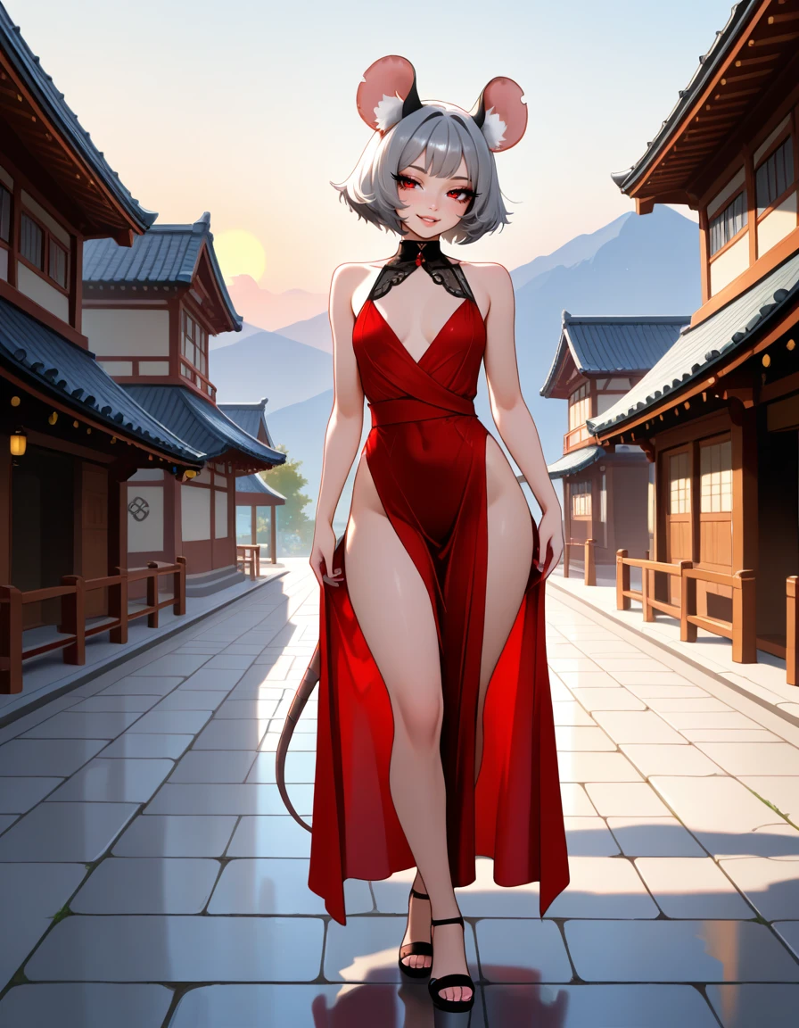 masterpiece, best quality, very aesthetic, absurdres,
outdoors,
full body, standing, posing,
seductive smile, parted lips, long eyelashes,
<lora:Nazrin_v01_NAIXL:1>
N4zr1n,1girl,solo,mouse girl,mouse ears,animal ear fluff,short hair,bangs,grey hair,red eyes,mouse tail,