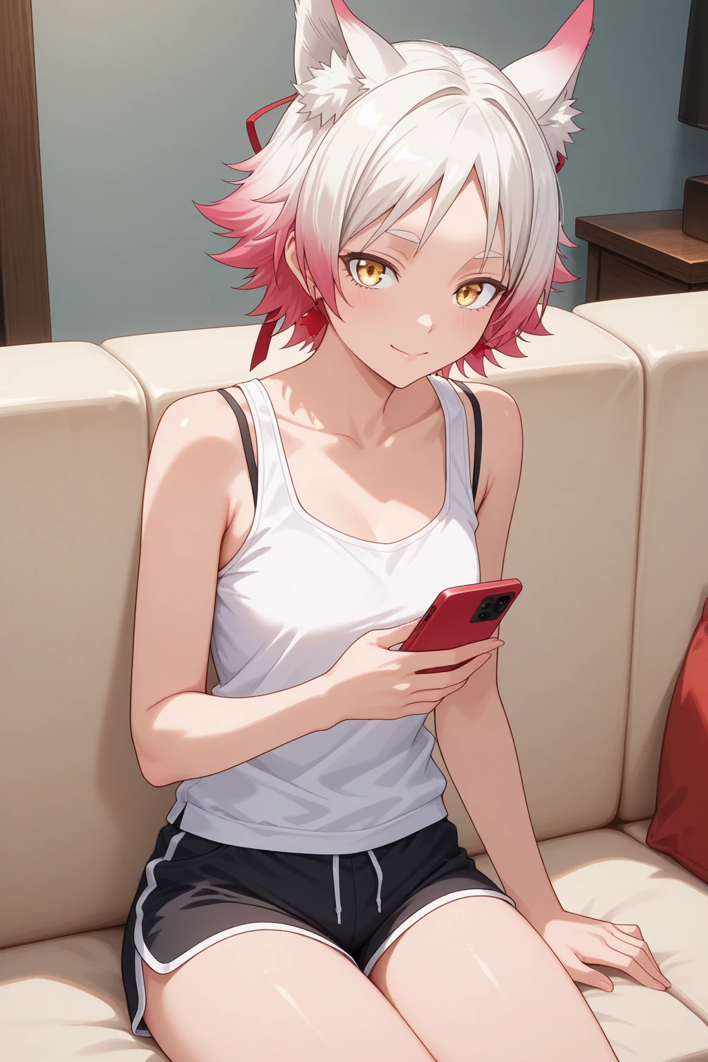 very awa, detailed eyes, shining eyes, masterpiece, best quality, ultra-detailed, (8k), (hdr), absurdres, looking at viewer, solo, 1girl, girl, indoors, living room, daylight, smile, aamomiji, animal ears, yellow eyes, slit pupils, white hair, multicolored hair, red hair, white tank top, spaghetti strap, black shorts, dolphin shorts, ((sitting, on couch, looking at phone, holding phone, cowboy shot))