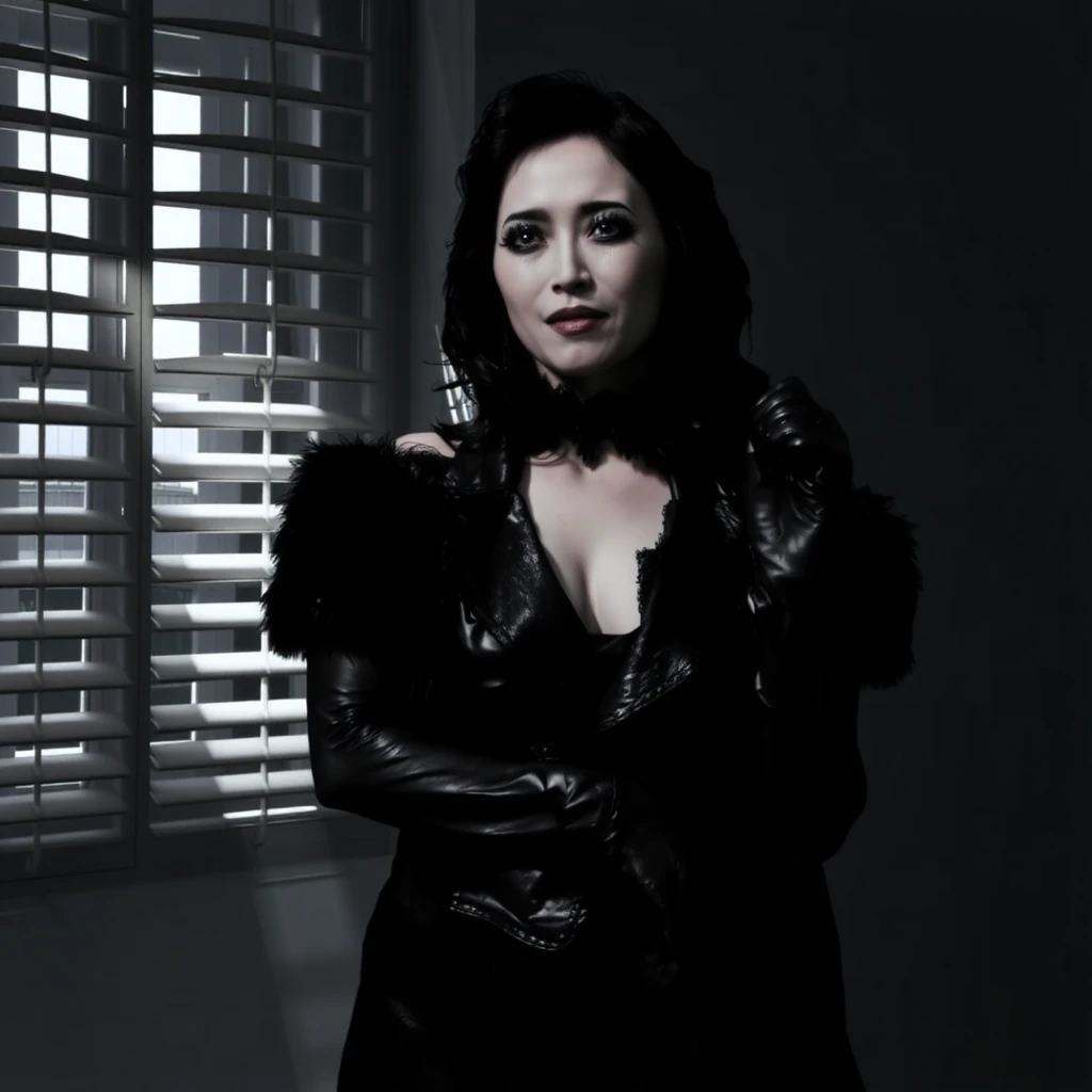 "A high-contrast black and white portrait of a classic femme fatale, styled as though from a 1940s noir film. She stands beneath a shaft of dramatic lighting that cuts through the darkness, casting sharp shadows across her striking features. Her expression is cool and unreadable — eyes half-lidded, lips subtly curled in an enigmatic smirk, the kind that hides daggers behind charm.She wears a sleek, form-fitting black satin evening gown with a plunging neckline, the fabric shimmering faintly where the light touches. Draped elegantly over her shoulders is a luxurious fur stole, soft and voluminous, adding a touch of opulence and mystery to her silhouette. Her long opera gloves match the gown, their glossy texture catching the light as her hands rest calmly at her sides.Her hair is styled in loose, vintage curls, framing her face and tumbling down just past her shoulders. Dark, defined makeup highlights her sharp cheekbones and full lips — classic noir elegance, timeless and dangerous.The background is soft-focused but atmospheric: venetian blinds casting striped shadows on the wall, a hint of old Hollywood glamor and moody intrigue. She stands still, composed, a picture of confidence and calculated seduction — the kind of woman who walks in with secrets and leaves with your soul."


