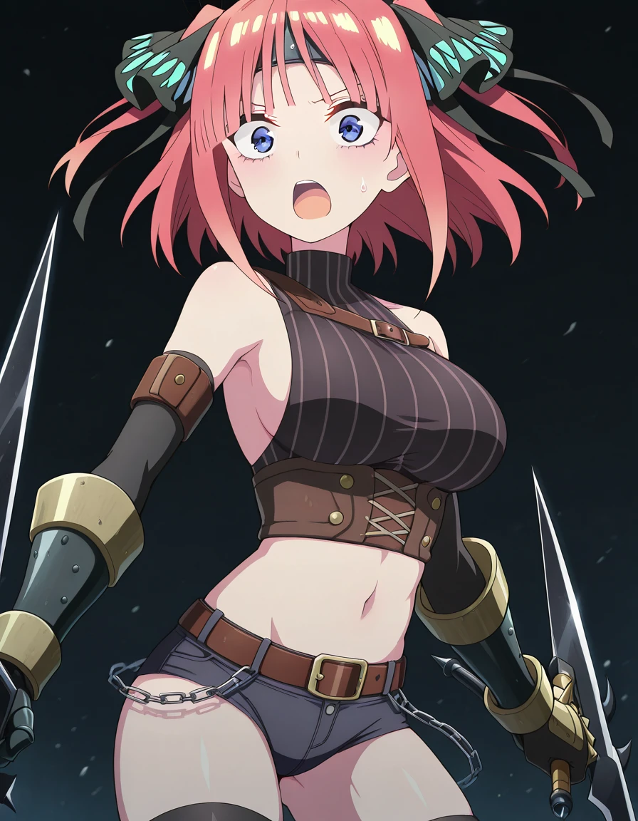 masterpiece, best quality, amazing quality,, <lora:nino-nakano-s2-illustriousxl-lora-nochekaiser:1>, nino nakano, short hair, bangs, blue eyes, hair ornament, hair ribbon, pink hair, blunt bangs, two side up, butterfly hair ornament, large breasts, anime screencap, <lora:kuroobi-armor-illustriousxl-lora-nochekaiser:1>, kuroobi armor, armband, armor, asymmetrical clothes, bare shoulders, belt, chain, crop top, elbow gloves, forehead protector, gauntlets, gloves, headband, kuroobi (armor), micro shorts, midriff, navel, no bra, panties, shirt, shorts, sideboob, sleeveless, sleeveless turtleneck, spikes, strap, striped, taut clothes, taut shirt, thighhighs, thighs, turtleneck, underwear,, <lora:dynamic-pose-illustriousxl-lora-nochekaiser:1>, dynamic pose, holding weapon, weapon, holding, dual wielding, cowboy shot, surprised, open mouth, ,