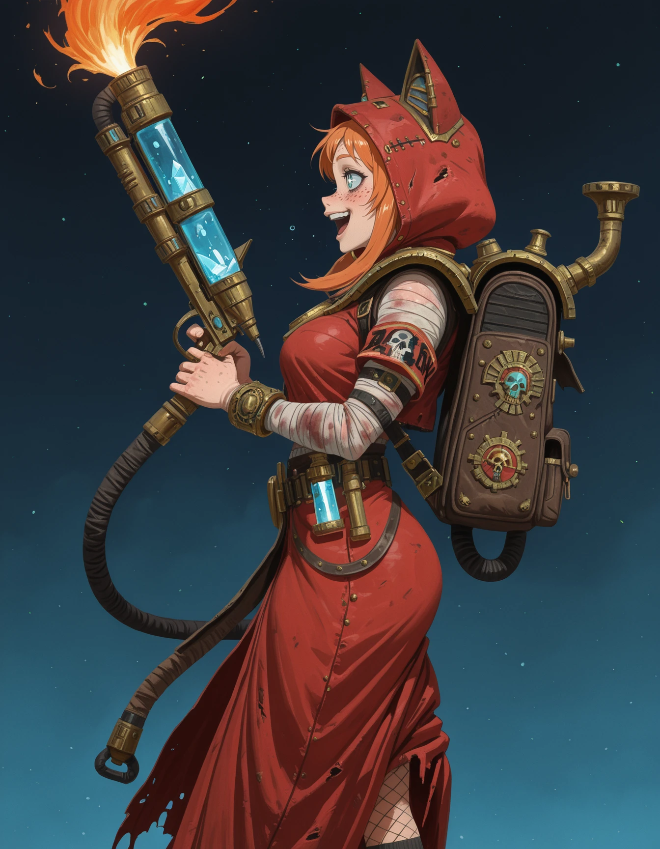 traditional media, highly detailed, (painterly, oil painting \(medium\):0.5), warhammer 40k, space marine, masterpiece, best quality, amazing quality, sparkling eyes, smile, laughing, from side, orange hair, sidelocks, freckles, glass tube, crystal core, 1girl, solo, cat ears hood, holding a flamethrower, red long coat, long skirt, (steampunk:0.8) backpack, exhaust pipe, zombie apocalypse, dynamic pose, anime coloring, anime screenshot, fishnet socks, cowboy shot, armband,
<lora:Warhammer Tombkings Lycoris Illustrious 0.1:0.8>