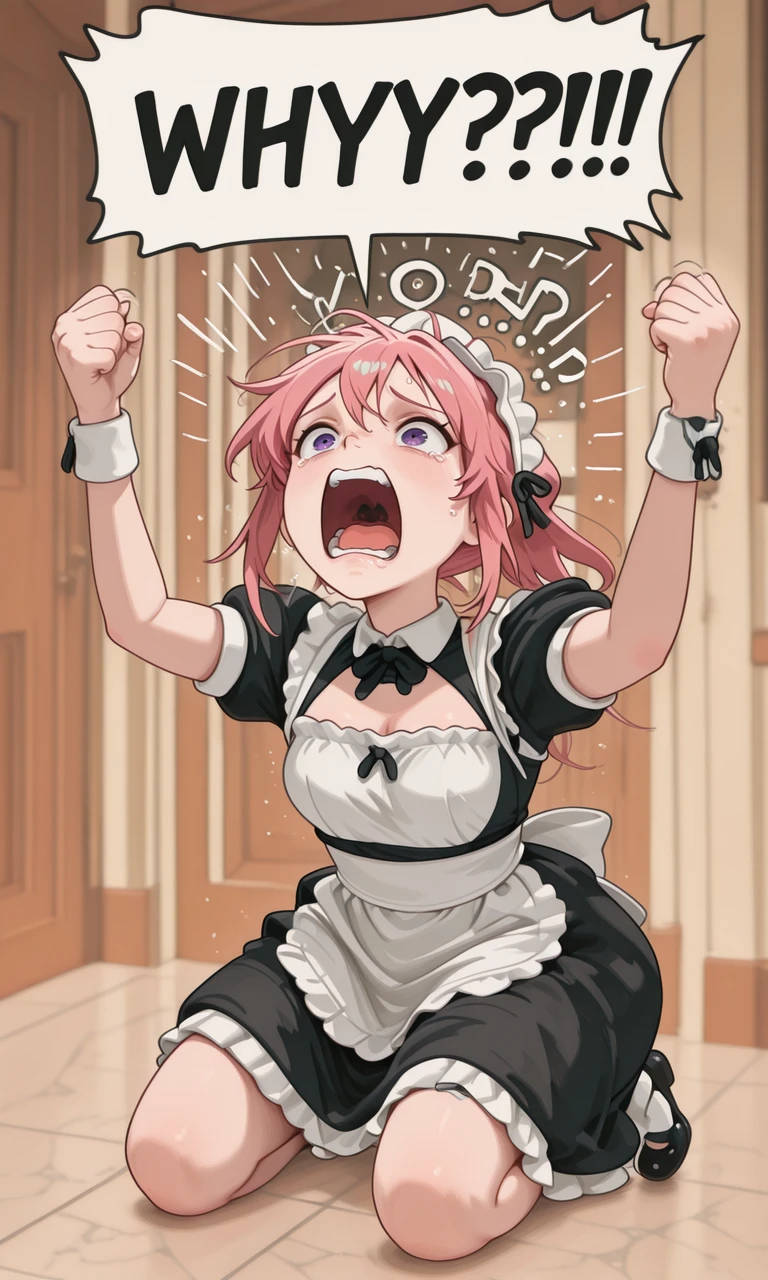 embedding:IllusP0s, g00se, pink hair, purple eyes, maid outfit, WHY?!, speech bubble, screaming, kneeling,<lora:why_illustrious.safetensors:1.0:1.0> <lora:g00se_v2_ill.safetensors:0.9:0.9> <lora:CivChan.safetensors:0.8:0.8>
