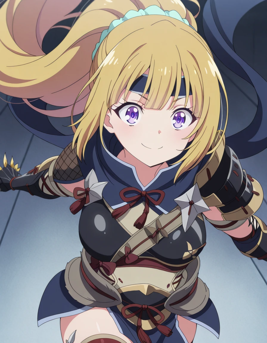 masterpiece, best quality, amazing quality,, <lora:kei-karuizawa-s2-v2-illustriousxl-lora-nochekaiser:1>, kei karuizawa, long hair, bangs, blunt bangs, purple eyes, blonde hair, hair ornament, ponytail, scrunchie, breasts, blue scrunchie, anime screencap, <lora:kamura-armor-illustriousxl-lora-nochekaiser:1>, kamura armor, armor, blue scarf, clawed gauntlets, gauntlets, hair ornament, hair ribbon, headband, kamura (armor), red ribbon, red thighhighs, ribbon, scarf, shoulder armor, thighhighs,, <lora:dynamic-pose-illustriousxl-lora-nochekaiser:1>, dynamic pose, jumping, cowboy shot, smile, , ,