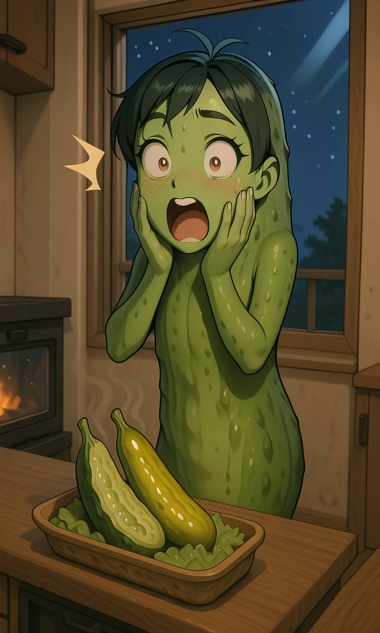 embedding:IllusP0s, pickle rickalized, green skin, surprised, hands on own face, pickles, 1girl, indoors, night,<lora:delicious food_illustrious.safetensors:0.8:0.8> <lora:Pickle Rickalized_illustrious.safetensors:1:1>