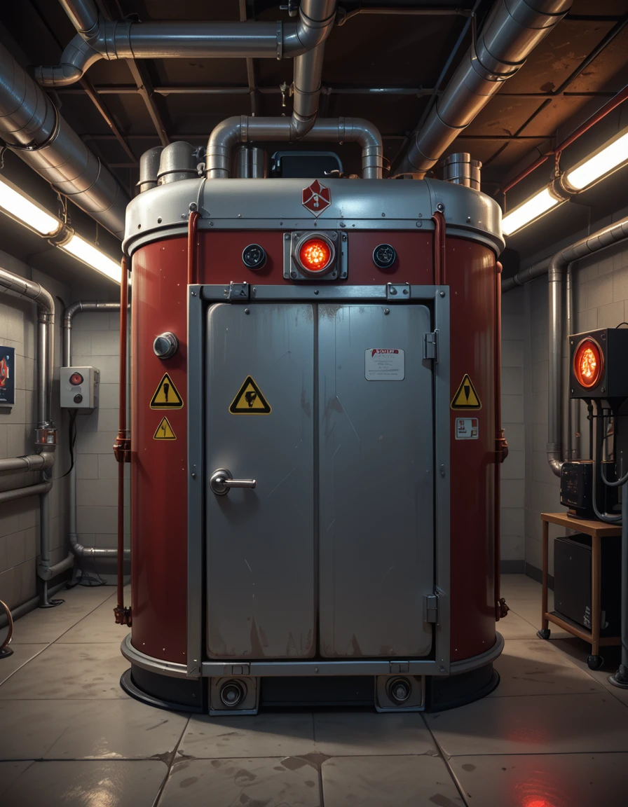 A detailed photo of the exterior of the Ecto-Containment Unit, located in a dimly lit basement facility. The unit is a large, reinforced metallic structure with red and silver panels, thick wiring, and glowing warning lights. Industrial hazard symbols are painted across its surface, and a secure access hatch is bolted shut on the front. Pipes and power conduits run along the walls and ceiling, feeding into the containment system. The room is concrete and shadowy, lit by flickering fluorescent lights and the pulsing red glow of the unitâs power core. No characters present. Cinematic, high-tech paranormal lab atmosphere, detailed and ominous.
,Ecto-Containment Un1t, <lora:Ecto-Containment_Un1t-p:1>,score_9, score_8_up, score_7_up,amazing quality, ultra realistic, 3D, HD, best quality, amazing quality, very aesthetic, absurdres