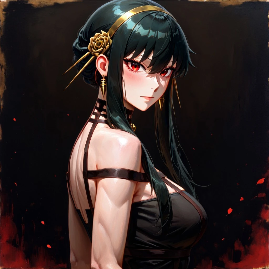 masterpiece, best quality, newest, absurdres, highres, GOTPV1.0, oil painting (medium),
1girl, yor_briar, spy_x_family, black_hair, red_eyes, black dress,