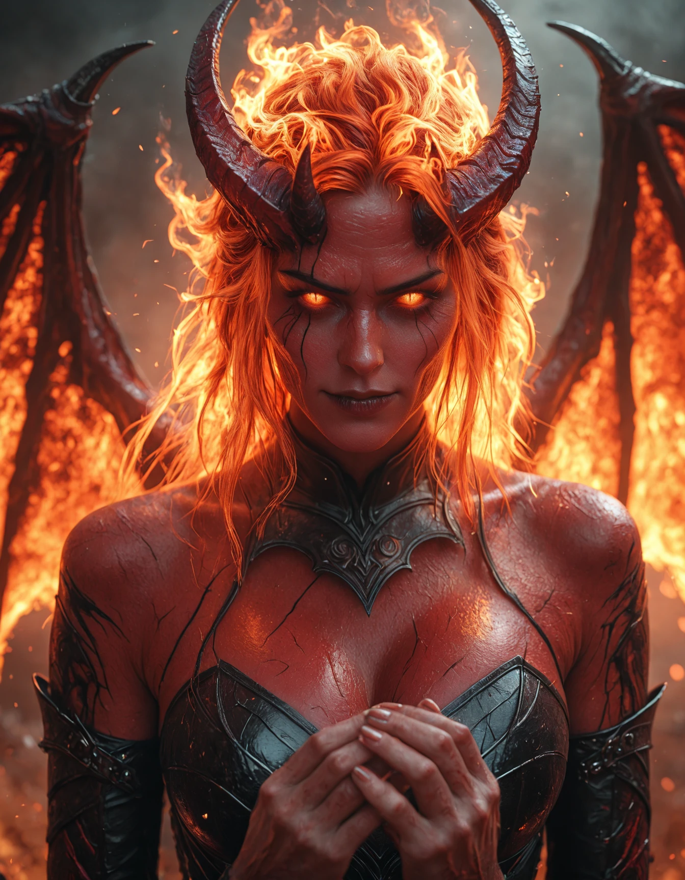 masterpiece, best quality, amazing quality, very aesthetic, high resolution, absurdres, newest, photorealism, realistic,, 1girl, evil, beautiful face features, demon, red sharp horns, fire hair, burning hair, glowing eyes, smirking, big burning pheonix wings, holding up her hands, wearing shiny armor, fire. hkevil, <lora:BeautyInEvilIL:1>