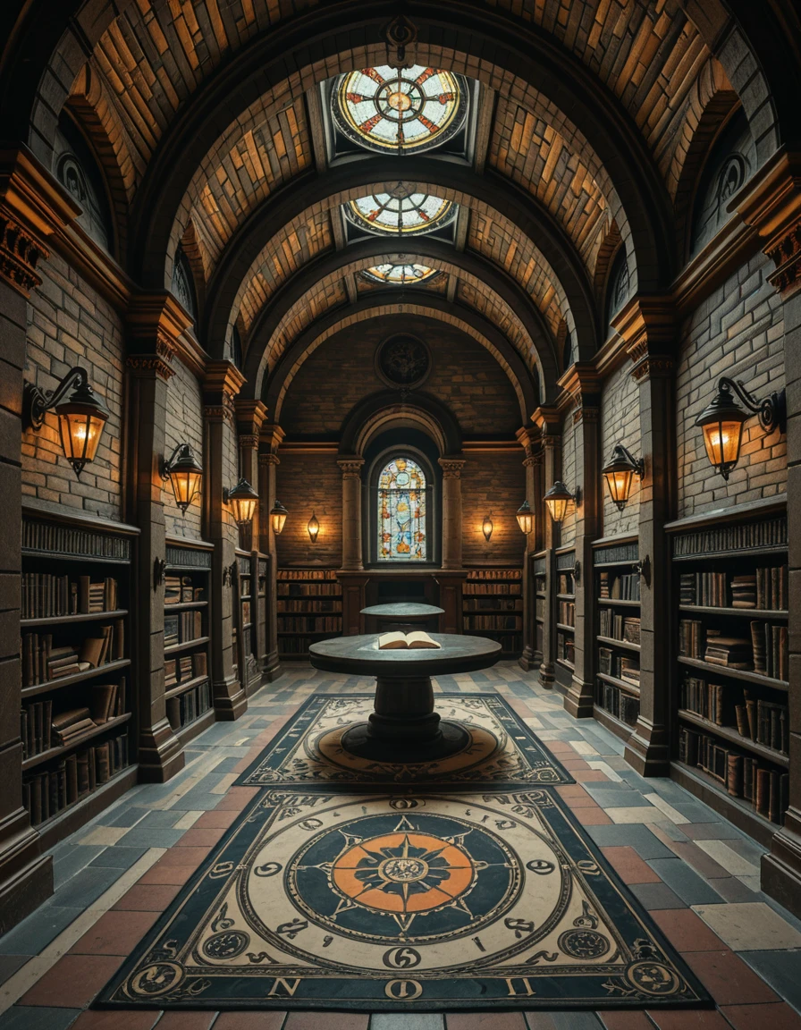 A hidden underground archive beneath a centuries-old library. The room is dimly lit by wrought iron lamps mounted on stone columns, casting flickering shadows across ancient brick walls. Long, vaulted ceilings arch overhead, and the scent of parchment and dust fills the air. Endless rows of oak shelves stretch into the distance, each packed with leather-bound tomes, scrolls sealed with wax, and mysterious artifacts locked behind glass cases. An intricate mosaic of alchemical symbols decorates the tiled floor, and in the center of the space, a circular reading table sits under a skylight made of stained glass, filtering colored light into the chamber. The ambiance is hushed, sacred, and steeped in secrets.hidden underground 4rch1v3, <lora:hidden_underground_4rch1v3-i:1>, Masterpiece,best quality,hi res,8k,hi res,8k,award winning,(sharp focus, intricate, highly detailed),