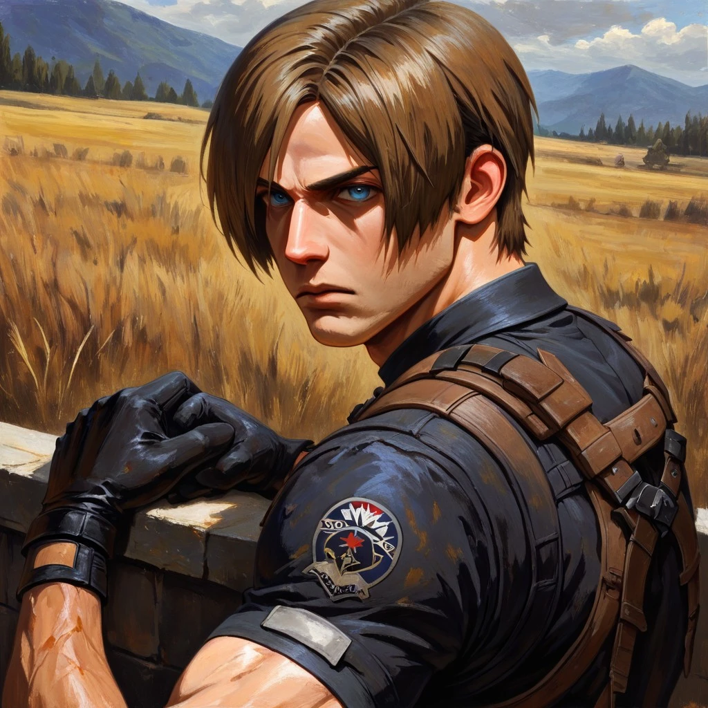 masterpiece, best quality, newest, absurdres, highres, GOTPV1.0, oil painting (medium),
1boy, leon s. kennedy, brown hair, blue eyes, gloves,