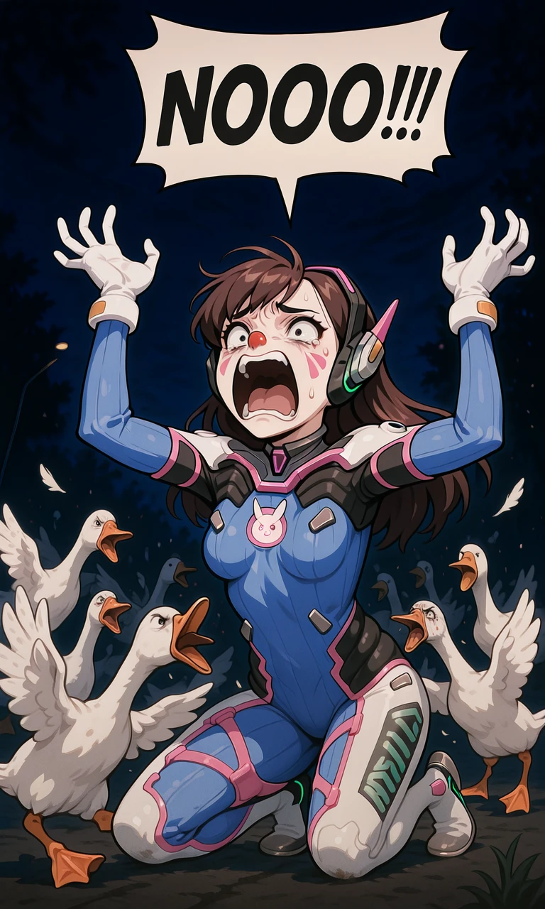 embedding:IllusP0s, goose ambush, 6+geese, speech bubble, NOOO!!!, screaming, kneeling, d.va_\(overwatch\), clown nose, scared, outdoors, night, contrast lighting, low angle,<lora:NOOO_illustrious.safetensors:1.0:1.0> <lora:goose ambush_illustrious.safetensors:1:1>