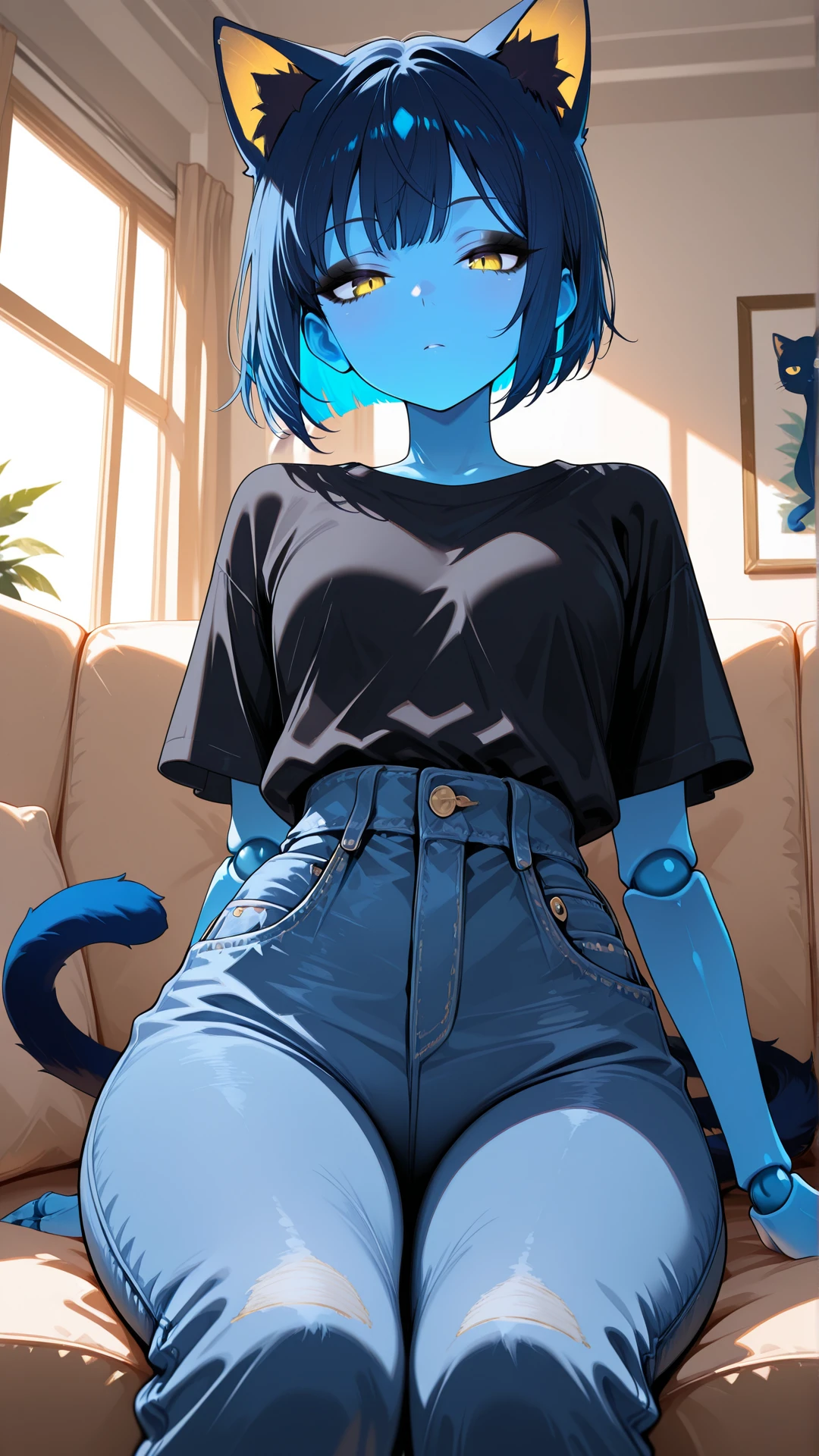 masterpiece, best quality, amazing quality, absurd res,
Flatline, Flat vector illustration, masterpiece, best quality, good quality, very aesthetic, absurdres, newest, 8K, depth of field, focused subject, dynamic closeup angle,
<lora:Capek_mrbalderus_for_Illustrious:1> 1girl, c4pek, cat ears, cat tail, short hair, colored skin, blue skin, yellow eyes, joints, blue hair, black eyeshadow, medium hips, short, dark blue ears, dark blue tail, gold inner ear,
shirt, jeans, indoors, living room, window, sitting on couch,