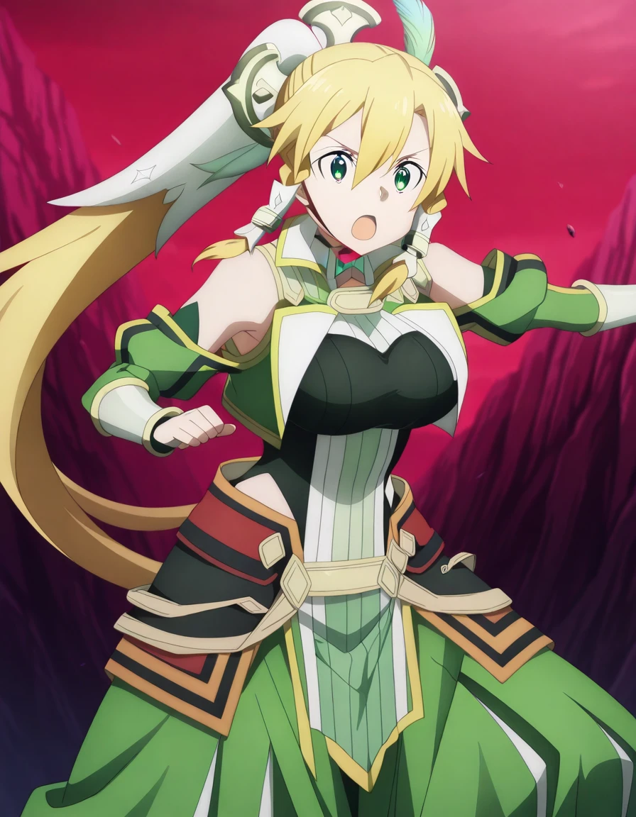 masterpiece, best quality, amazing quality,, <lora:suguha-kirigaya-s3-illustriousxl-lora-nochekaiser:1>, suguha kirigaya, leafa (sao), long hair, blonde hair, hair ornament, green eyes, ponytail, hair tubes, mature female, breasts, anime screencap, <lora:yukumo-armor-illustriousxl-lora-nochekaiser:1>, yukumo armor, yukumo (armor), hat, feather, bare shoulders, chin strap, detached sleeves, hakama, hakama skirt, hat feather, japanese clothes, ribbed sweater, skirt, sleeveless, sleeveless turtleneck, sweater, turtleneck,, <lora:dynamic-pose-illustriousxl-lora-nochekaiser:1>, dynamic pose, fighting stance, cowboy shot, surprised, , ,