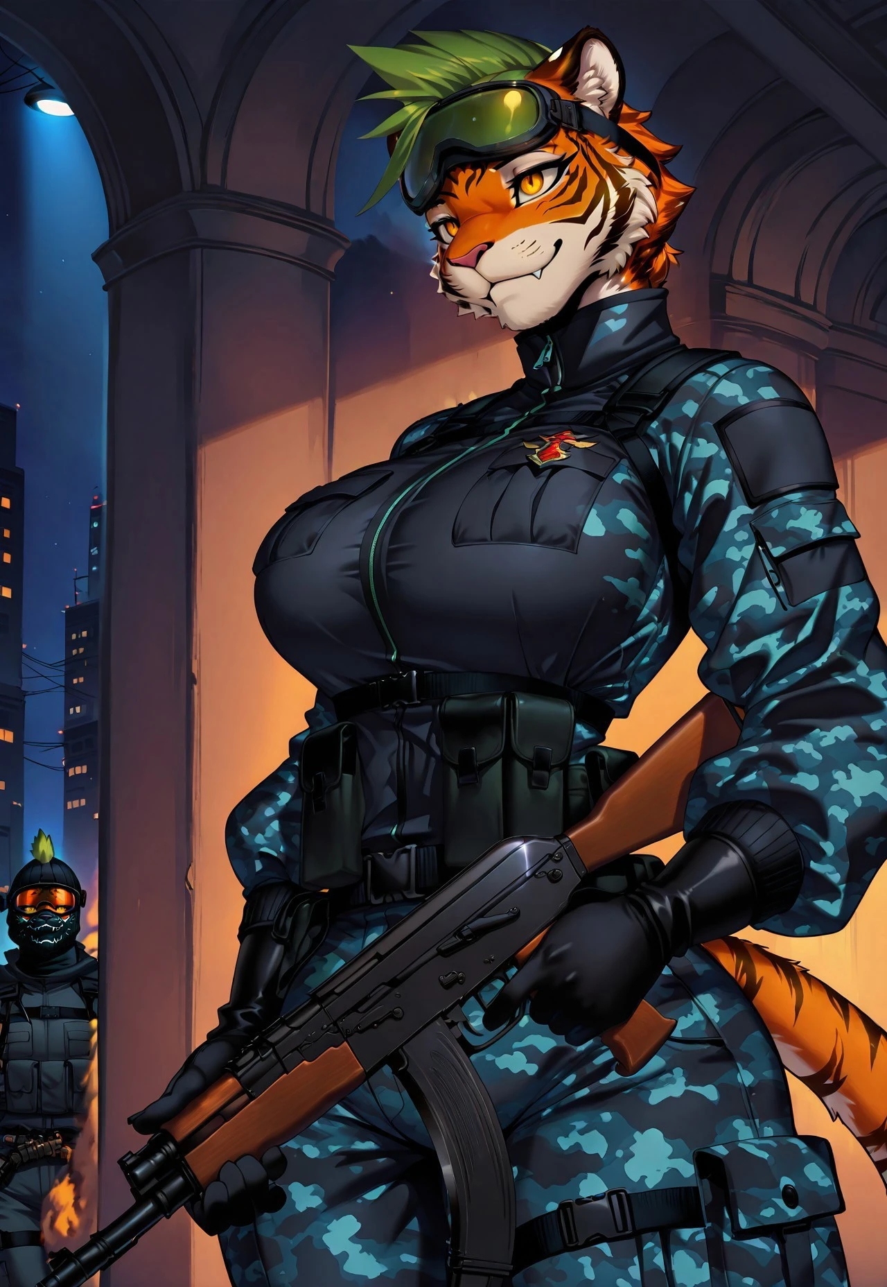 masterpiece, best quality, absurdres, sololvl_style, H1dd3nB00ty, (anthropomorphic:1.5), (tiger stripes:1.6), (feline face:1.4), furry, orange fur, muscular, (sharp feline eyes), golden eyes, detailed fur, large breasts, (green mohawk:1.3), balaclava, night-vision goggles on forehead, wearing a black special forces outfit, pockets, urban camo pattern, black gloves, (holding ak-47:1.4), detailed background, detailed hair, depth of field, beautiful detailed eyes, detailed skin, detailed hair, volumetric lighting, masterpiece, best quality, amazing quality, very aesthetic, high resolution, ultra-detailed, absurdres, newest, scenery, volumetric lighting cinematic lighting, depth of field,