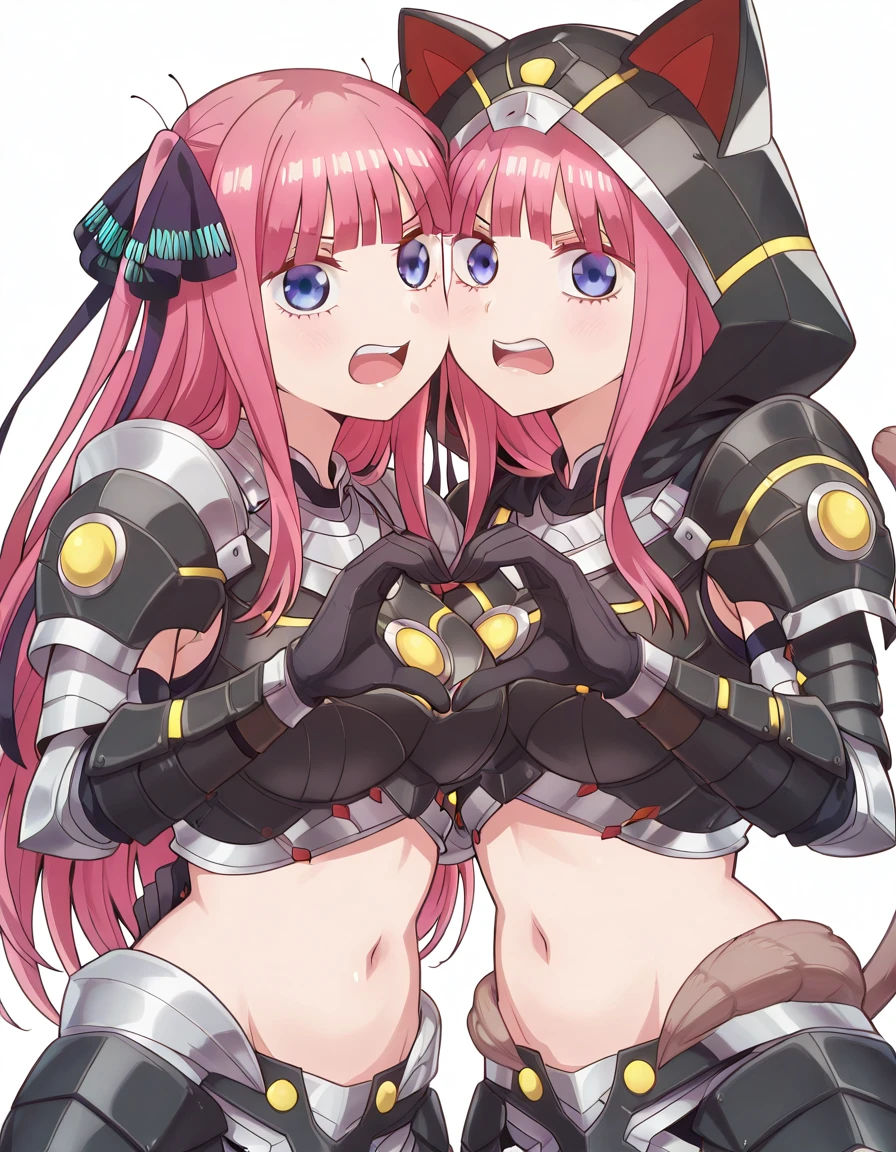 masterpiece, best quality, amazing quality,, <lora:nino-nakano-s1-illustriousxl-lora-nochekaiser:1>, nino nakano, nakano nino, long hair, bangs, blue eyes, hair ornament, hair ribbon, pink hair, blunt bangs, two side up, butterfly hair ornament, mature female, breasts, anime screencap, <lora:almudron-armor-illustriousxl-lora-nochekaiser:1>, almudron armor, almudron (armor), animal ear hood, black gloves, black hood, brown tail, crop top, gloves, hood, hood up, midriff, navel, tail,, <lora:heart-hands-duo-illustriousxl-lora-nochekaiser:1> heart hands duo, heart hands, heart, heads together, cheek-to-cheek, open mouth, smile, hetero, angry, open mouth, ,