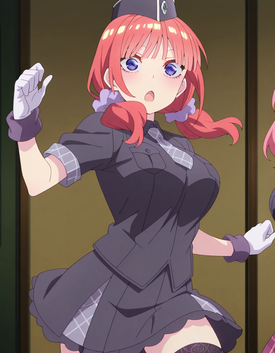 masterpiece, best quality, amazing quality,, <lora:nino-nakano-honeymoon-illustriousxl-lora-nochekaiser:1>, nino nakano, bangs, blue eyes, hair ornament, twintails, pink hair, blunt bangs, medium hair, scrunchie, eyebrows hidden by hair, purple scrunchie, mature female, breasts, anime screencap, <lora:healer-u-armor-illustriousxl-lora-nochekaiser:1>, healer u armor, garrison cap, gloves, hat, healer u (armor), military, military uniform, necktie, nurse, skirt, thighhighs, white gloves, zettai ryouiki, plaid,, <lora:dynamic-pose-illustriousxl-lora-nochekaiser:1>, dynamic pose, fighting, cowboy shot, surprised, open mouth, ,