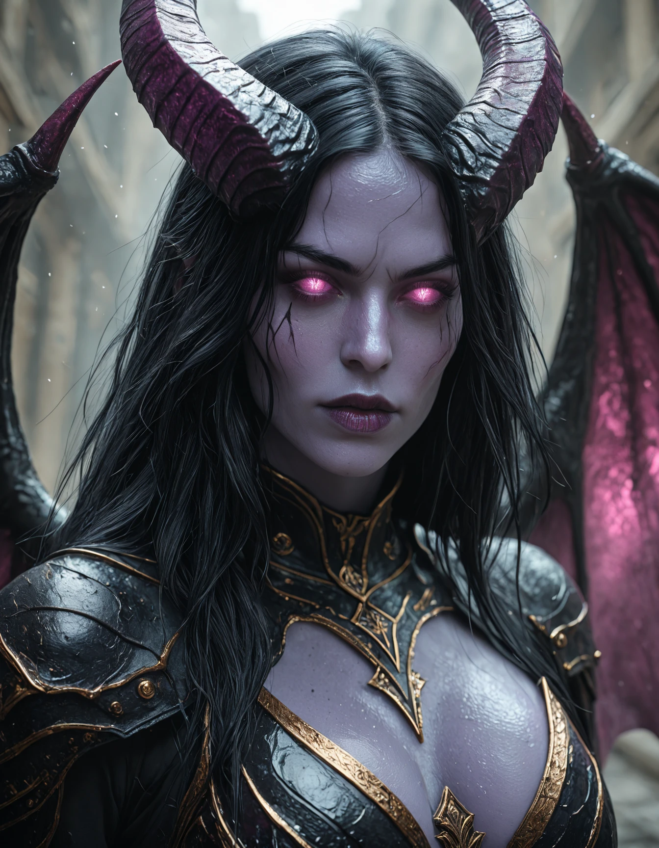 masterpiece, best quality, amazing quality, very aesthetic, high resolution, absurdres, newest, photorealism, realistic,, Cinematic close up shot of a beautiful female demon, purple skin, black long hair, purple horns, glowing eyes, big demon wings, wearing shiny armor, looking at the viewer, beautiful eyes, hkevil, amazing quality, <lora:BeautyInEvilIL:1>