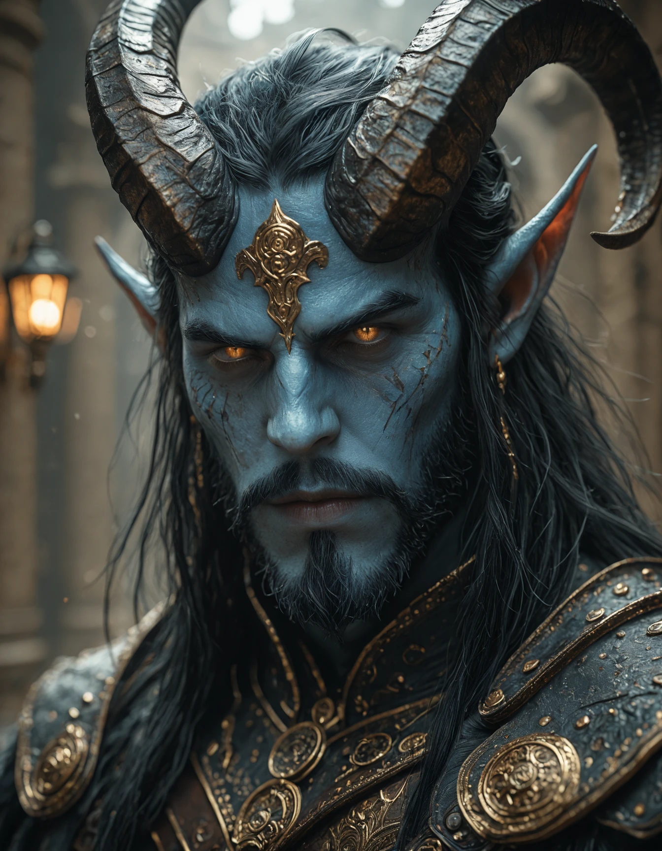 masterpiece, best quality, amazing quality, very aesthetic, high resolution, absurdres, newest, photorealism, realistic,, 1boy, man , male, Close up portrait of an ancient blue-skinned tiefling with golden accents, blue skin, he has long hair and beard and horns on his head, in the style of fantasy art, cinematic, octane render, hyper detailed, volumetric lighting, cinematic shot, in the style of artstation. hkevil, <lora:BeautyInEvilIL:1>