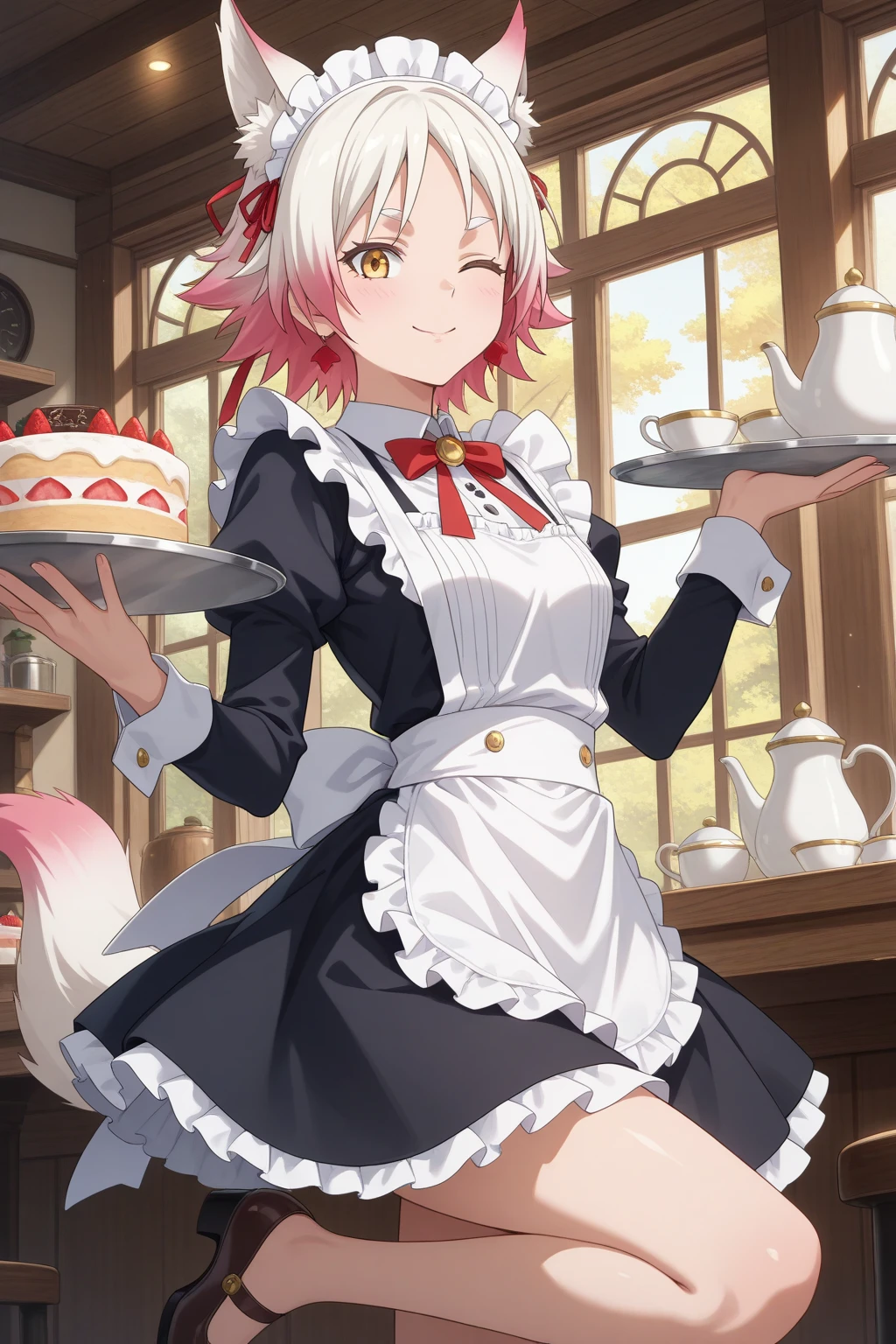 very awa, detailed eyes, shining eyes, masterpiece, best quality, ultra-detailed, (8k), (hdr), absurdres, looking at viewer, solo, 1girl, girl, indoors, cafe, daylight, smile, aamomiji, animal ears, yellow eyes, slit pupils, white hair, multicolored hair, red hair, maid outfit, maid headress, ((standing, one leg up, wink, holding tray, cake, teapot, cowboy shot))