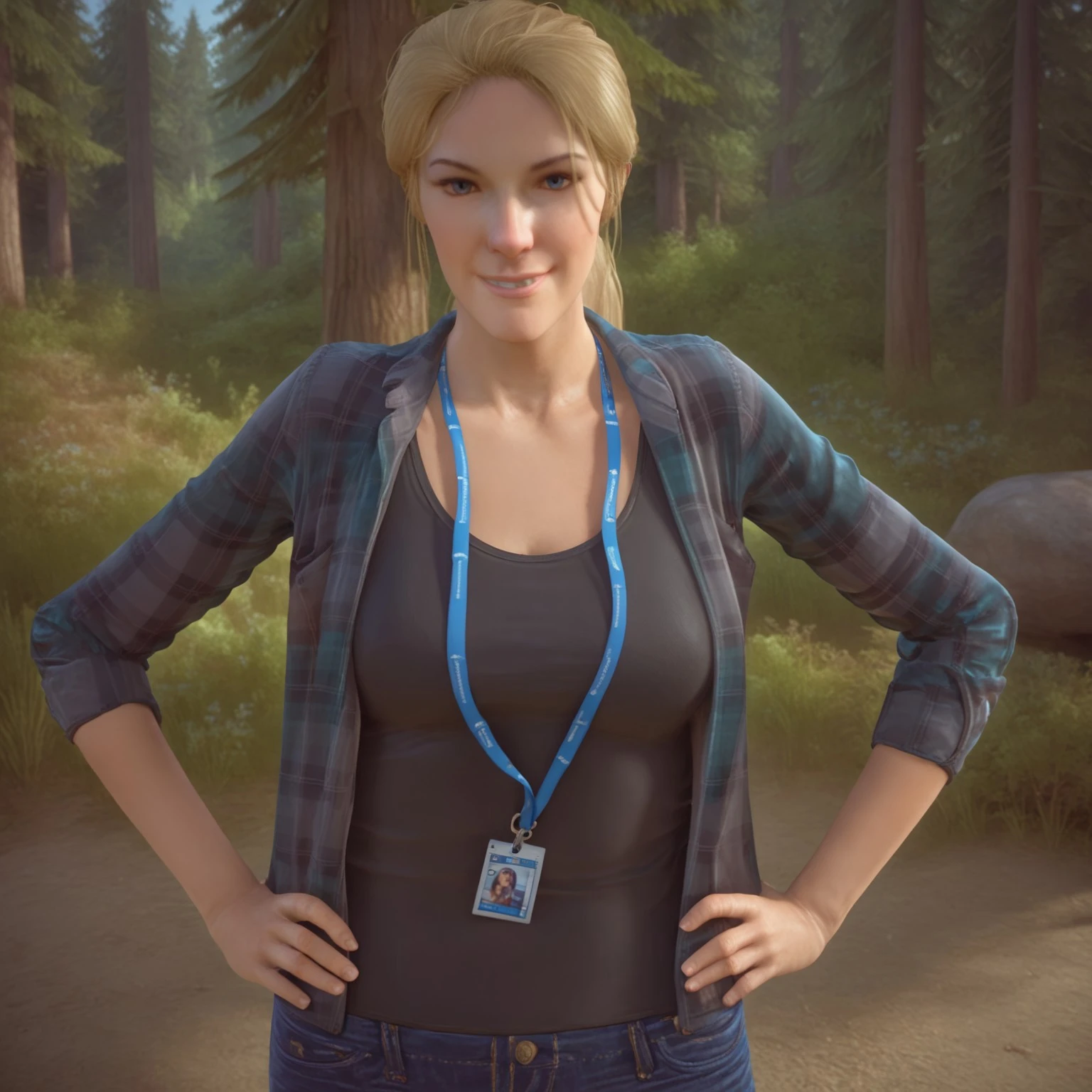 score_9, best quality, realistic, break, solo, sarah_dg, blonde hair, ponytail, blue eyes, jacket, shirt, lanyard, jeans, selfie, hands on hips, looking at viewer, smirk, forest, natural lighting
