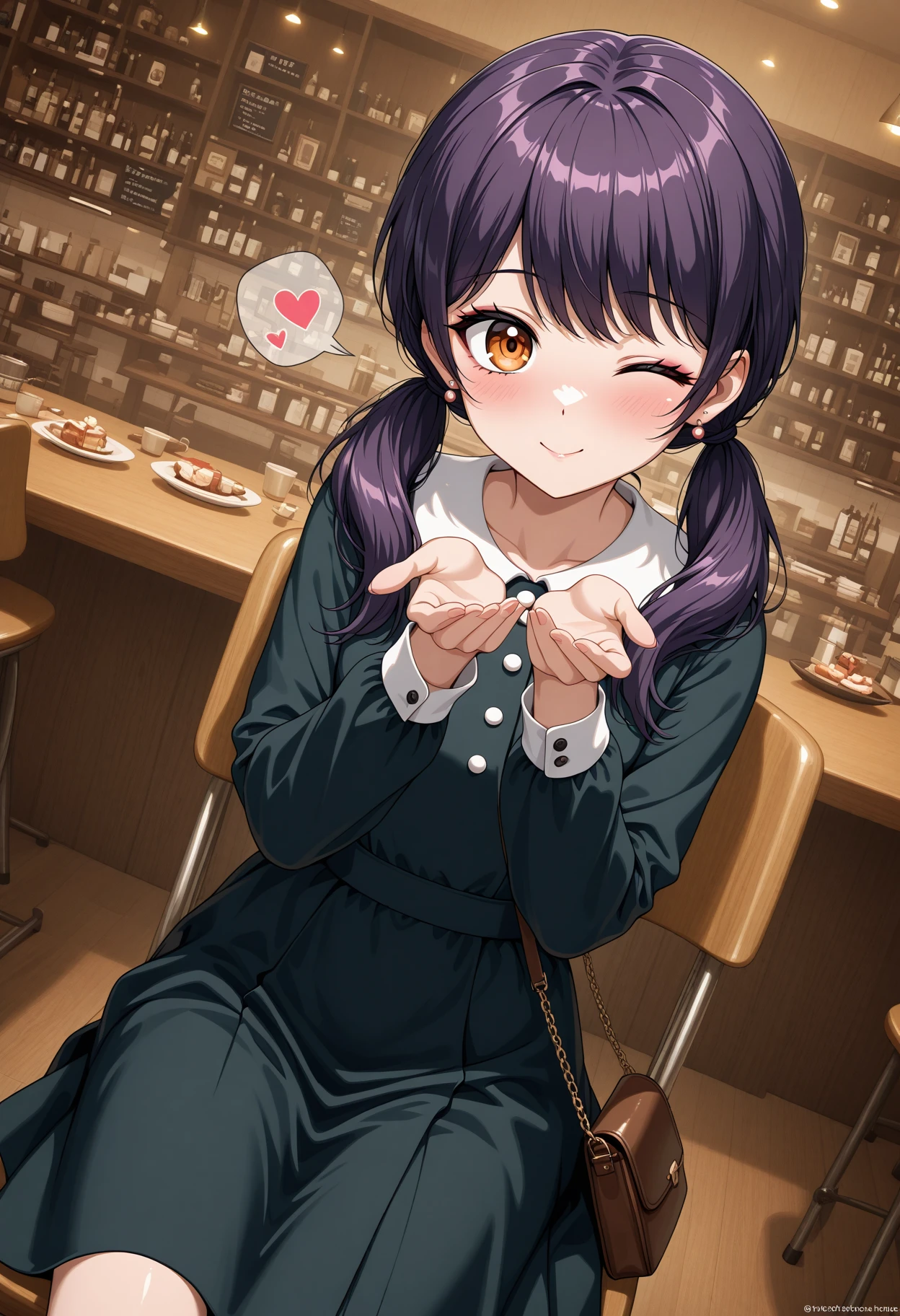 masterpiece, best quality, amazing quality, 1girl, solo, makeup, perspective, general, looking at viewer, dynamic angle, cowboy shot, indoors, sit on chair, sit on, in cafe, one eye closed, (chu, blowing kiss), serene smile, dating, blush, shy, dessert, lovely, looking at viewer, spoken heart, <lora:futaba tsukushi il:0.8>, futaba tsukushi, purple hair, orange eyes, low twintails, <lora:Showa_Retro_Black_Dress:1>, Showa_Retro_Black_Dress, dress, black dress, long sleeves, collared dress, white buttons, jewelry, earrings, shoes, bag, handbag, <lora:wai-Rectified-s:1>, <lora:prompt_extend:1>
