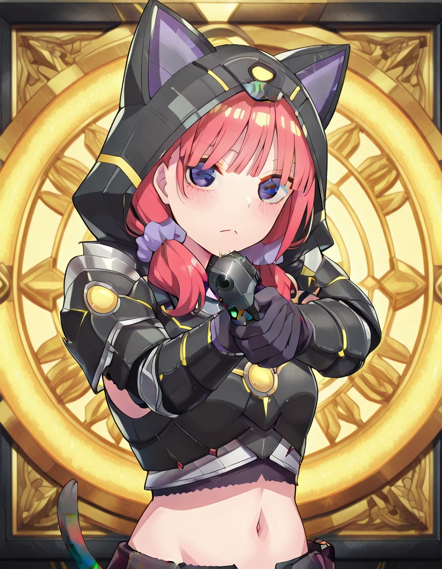 masterpiece, best quality, amazing quality,, <lora:nino-nakano-honeymoon-illustriousxl-lora-nochekaiser:1>, nino nakano, bangs, blue eyes, hair ornament, twintails, pink hair, blunt bangs, medium hair, scrunchie, eyebrows hidden by hair, purple scrunchie, mature female, breasts, anime screencap, <lora:almudron-armor-illustriousxl-lora-nochekaiser:1>, almudron armor, almudron (armor), animal ear hood, black gloves, black hood, brown tail, crop top, gloves, hood, hood up, midriff, navel, tail,, <lora:center-axis-relock-stance-illustriousxl-lora-nochekaiser:1>, center axis relock stance, looking at viewer, holding, closed mouth, weapon, holding weapon, gun, holding gun, handgun, aiming, finger on trigger, aiming at viewer, m1911,, scared, open mouth, ,