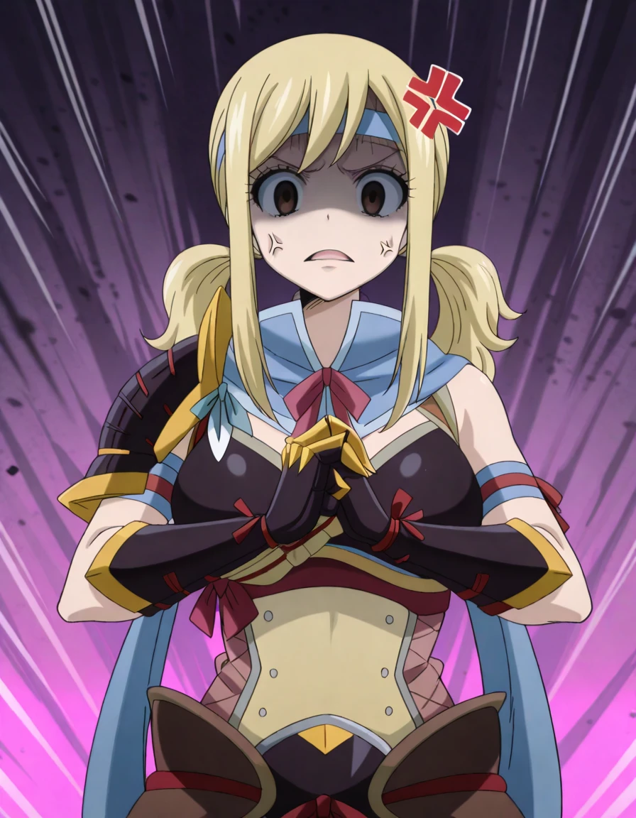 masterpiece, best quality, amazing quality,, <lora:lucy-heartfilia-s1s3s7-illustriousxl-lora-nochekaiser:1>, lucy heartfilia, twintails, low twintails, sidelocks, blonde hair, brown eyes, long hair, mature female, breasts, anime screencap, <lora:kamura-armor-illustriousxl-lora-nochekaiser:1>, kamura armor, armor, blue scarf, clawed gauntlets, gauntlets, hair ornament, hair ribbon, headband, kamura (armor), red ribbon, red thighhighs, ribbon, scarf, shoulder armor, thighhighs,, <lora:cracking-knuckles-illustriousxl-lora-nochekaiser:1>, cracking knuckles, shaded face, open mouth, looking at viewer, looking down, fist in hand, own hands together, anger vein, false smile,, scared, open mouth, ,