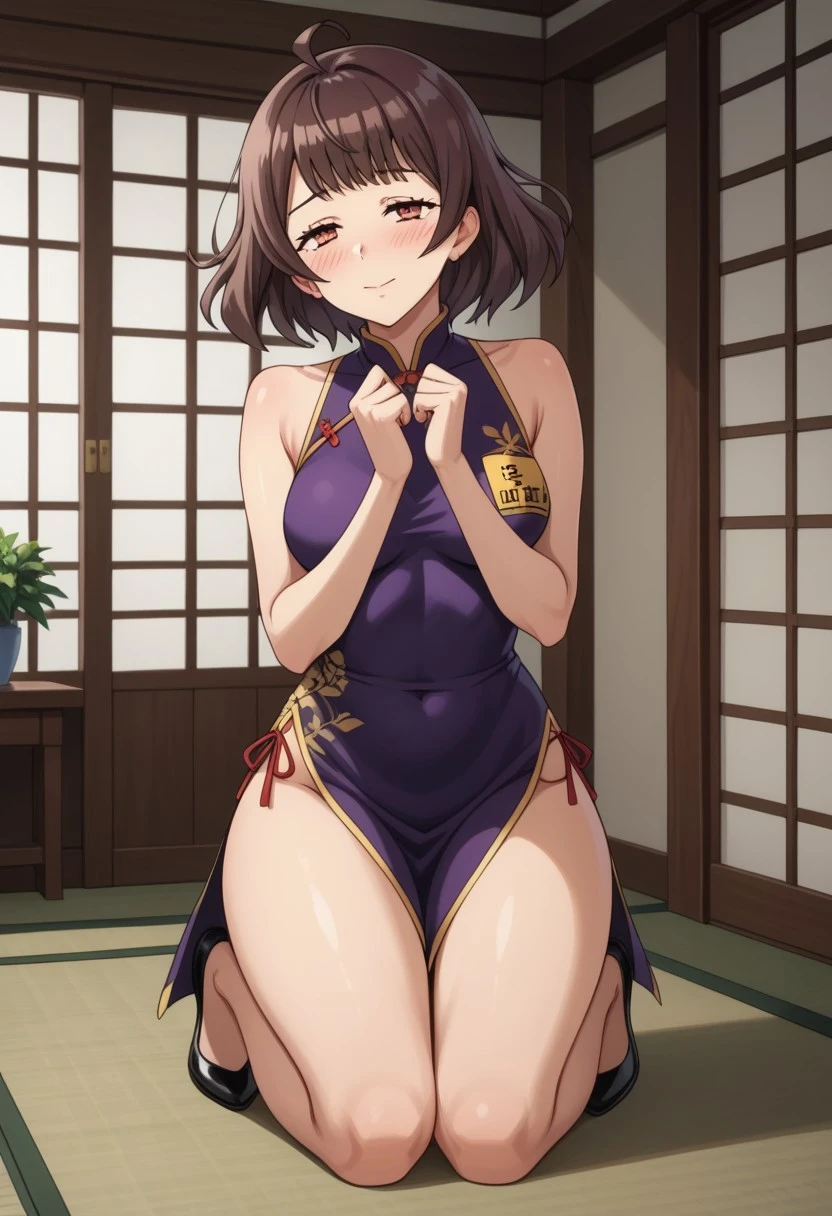 ((masterpiece) (((((Highest quality))))((high resolution))))), Very detailed, Ultra-realistic, 、Brown Hair)、、Short ponytail、((Purple patterned panties))))、Black Skirt、From below、Around town、、Embarrassed、Black clothes、null、building